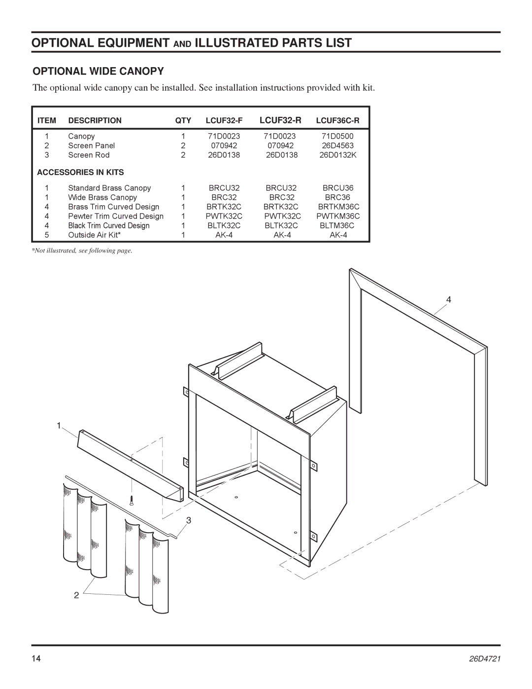 Monessen Hearth LCUF32-F dimensions Optional Equipment and Illustrated Parts List, Optional Wide Canopy 