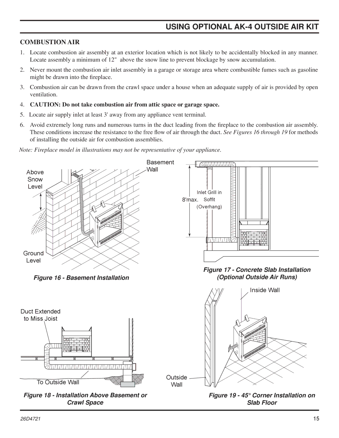 Monessen Hearth LCUF32-F dimensions Using Optional AK-4 Outside AIR KIT, Combustion AIR 