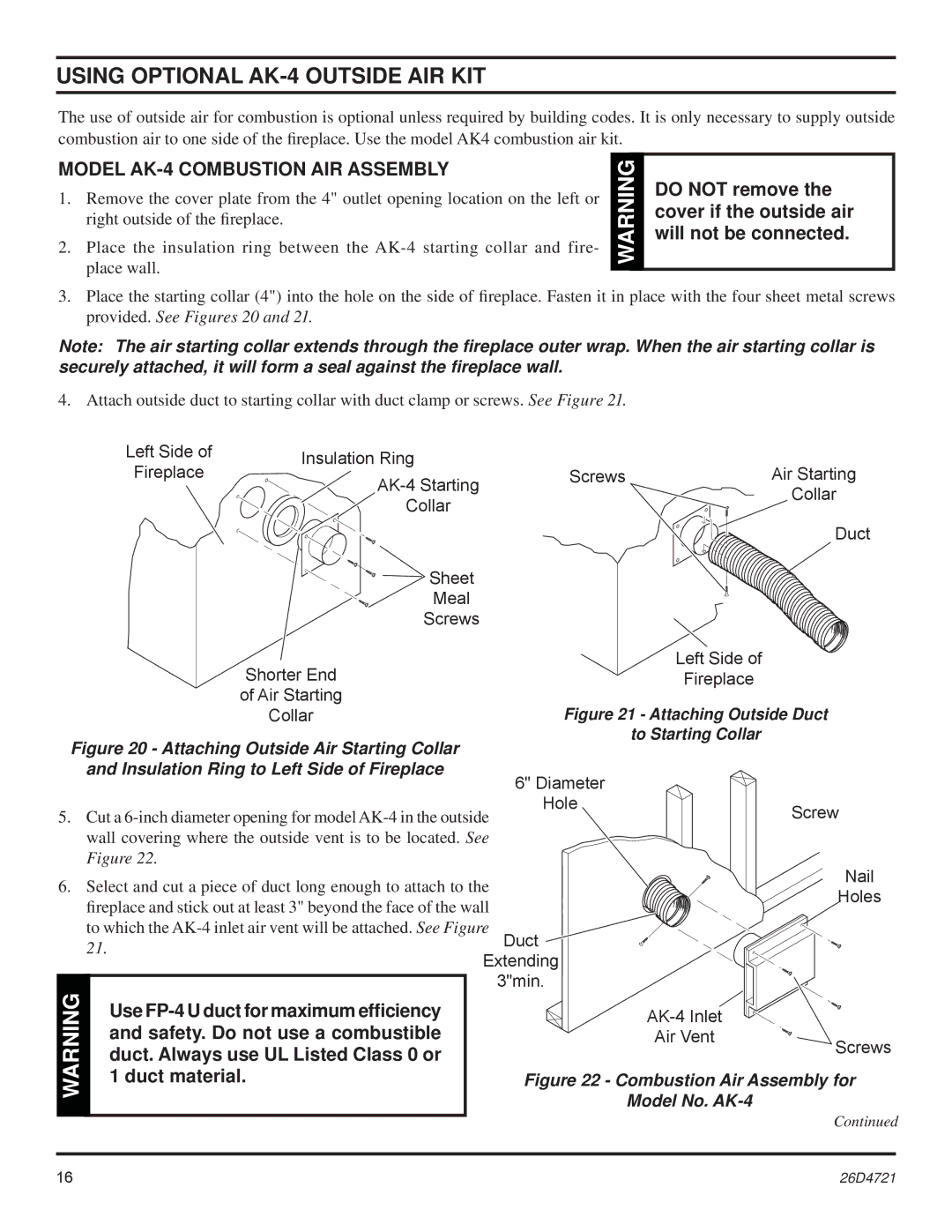 Monessen Hearth LCUF32-F dimensions Model AK-4 Combustion AIR Assembly, Insulation Ring to Left Side of Fireplace 