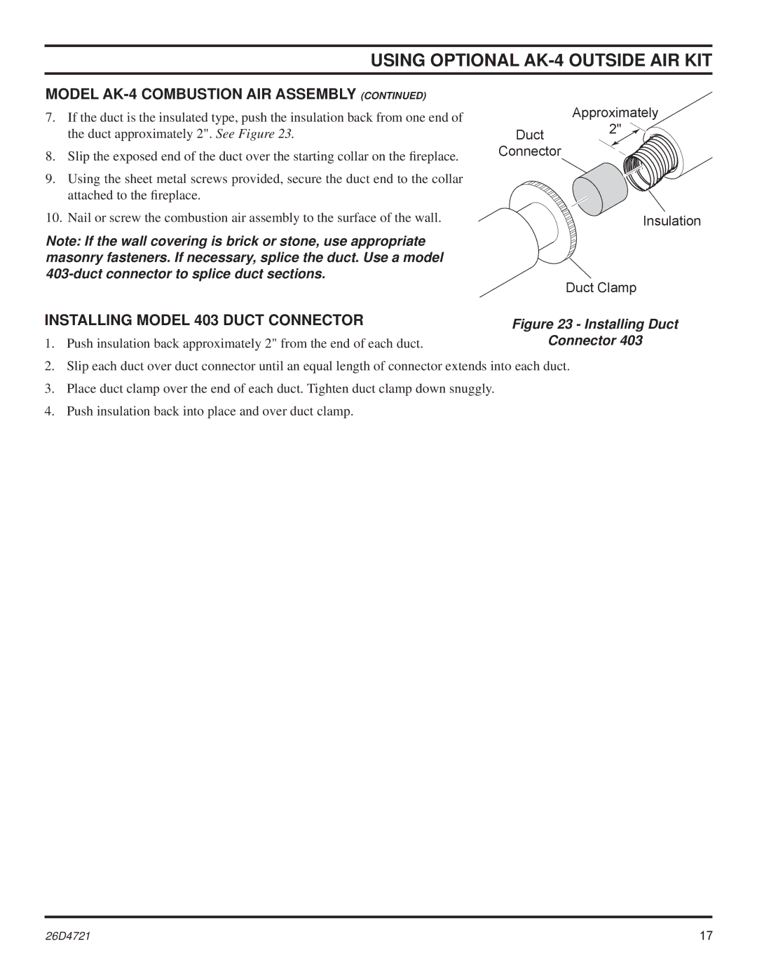 Monessen Hearth LCUF32-F dimensions Installing Model 403 Duct Connector 