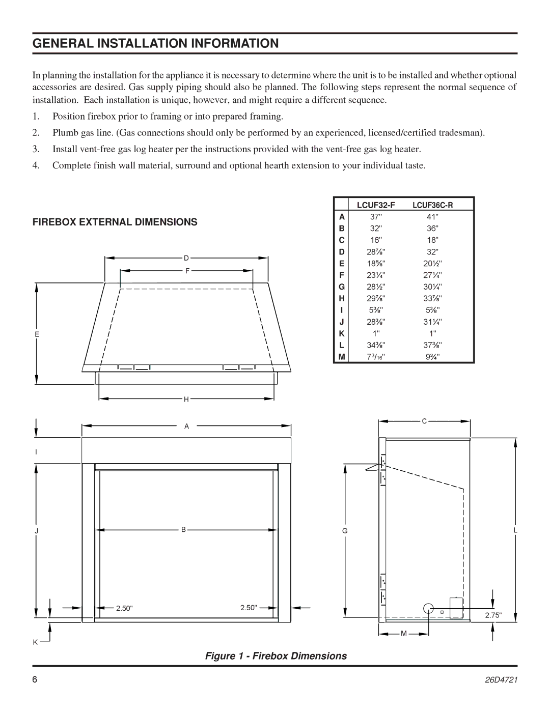 Monessen Hearth LCUF32-F dimensions General Installation Information, Firebox Dimensions 