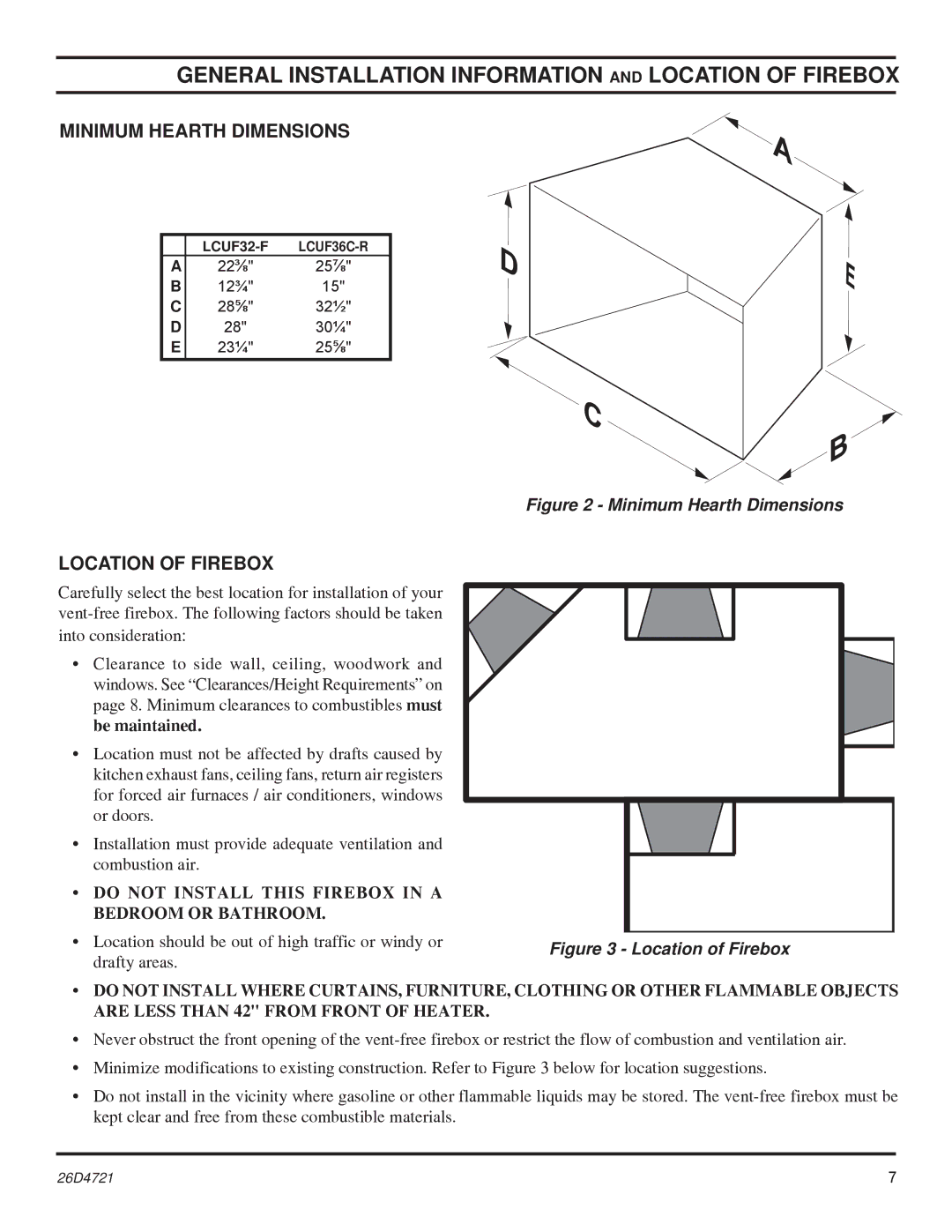 Monessen Hearth LCUF32-F dimensions General Installation Information and Location of Firebox, Minimum Hearth Dimensions 