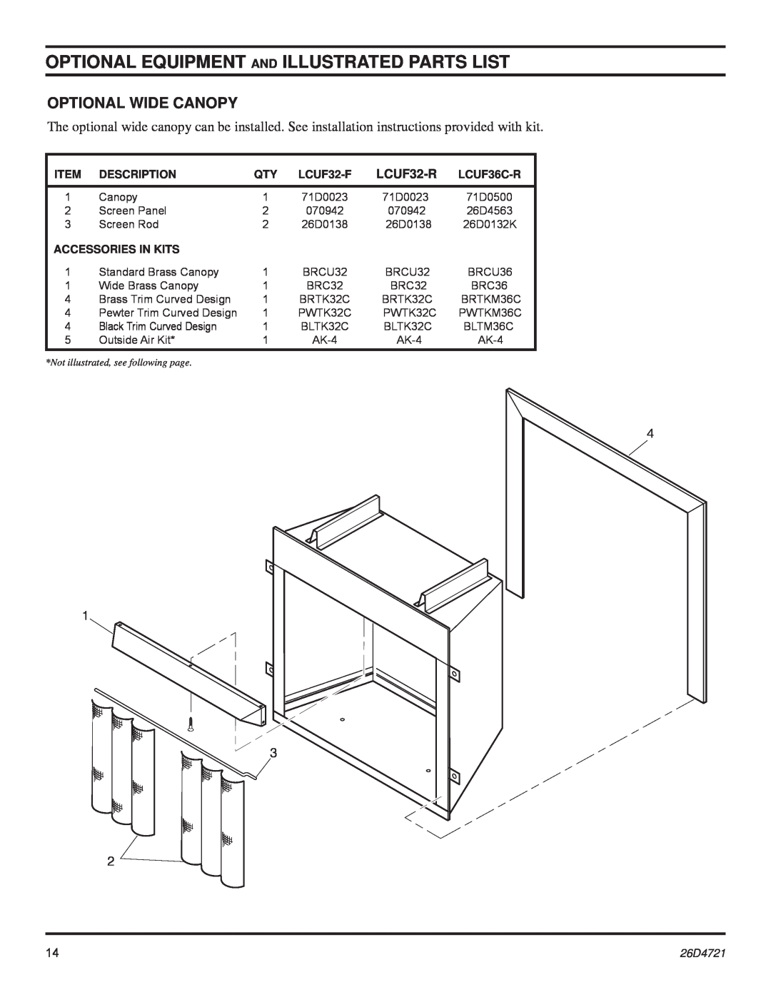 Monessen Hearth LCUF32-F dimensions Optional Equipment And Illustrated Parts List, LCUF32-R LCUF36C-R, Description 