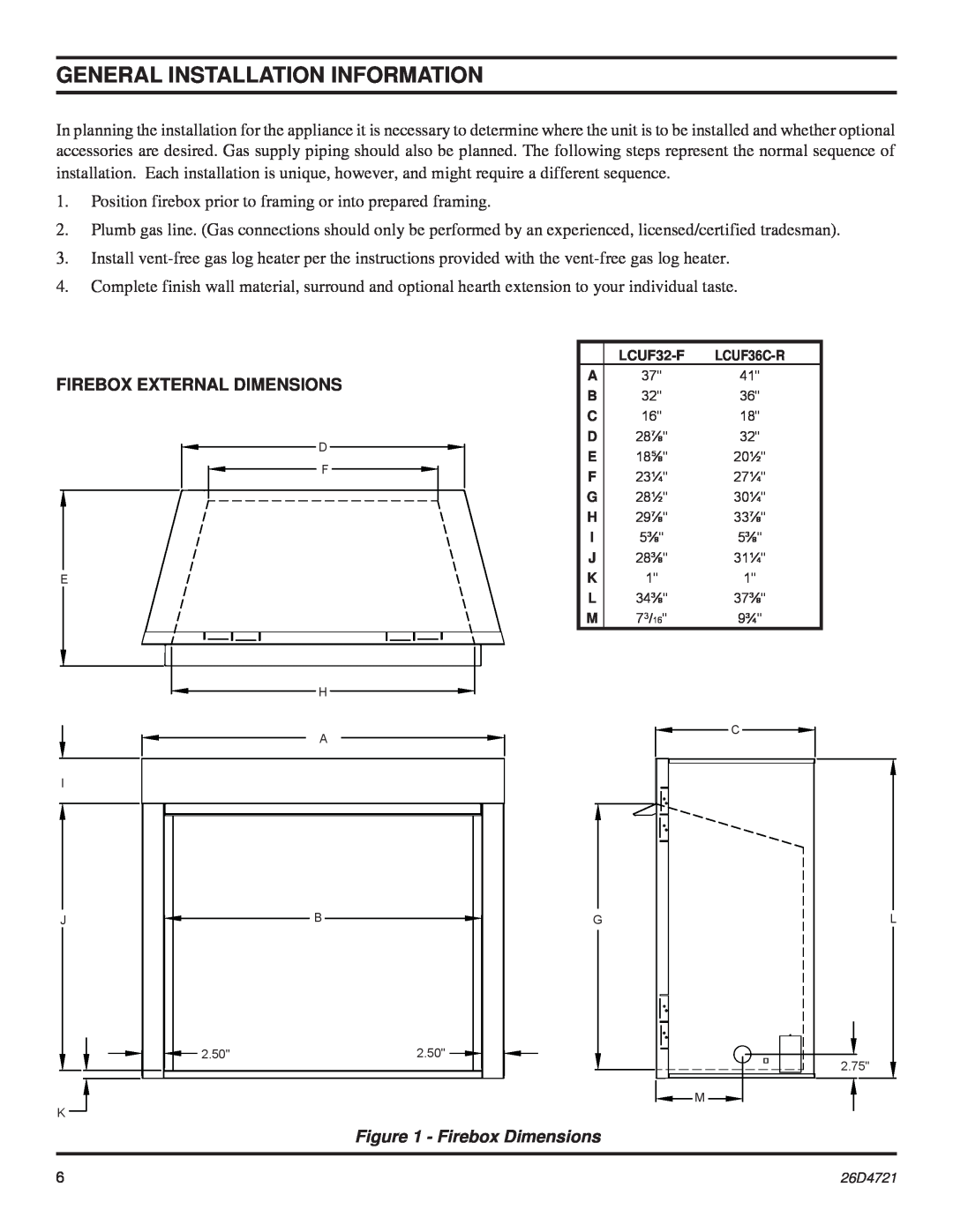Monessen Hearth LCUF32-F dimensions General Installation Information, Firebox External Dimensions, Firebox Dimensions 