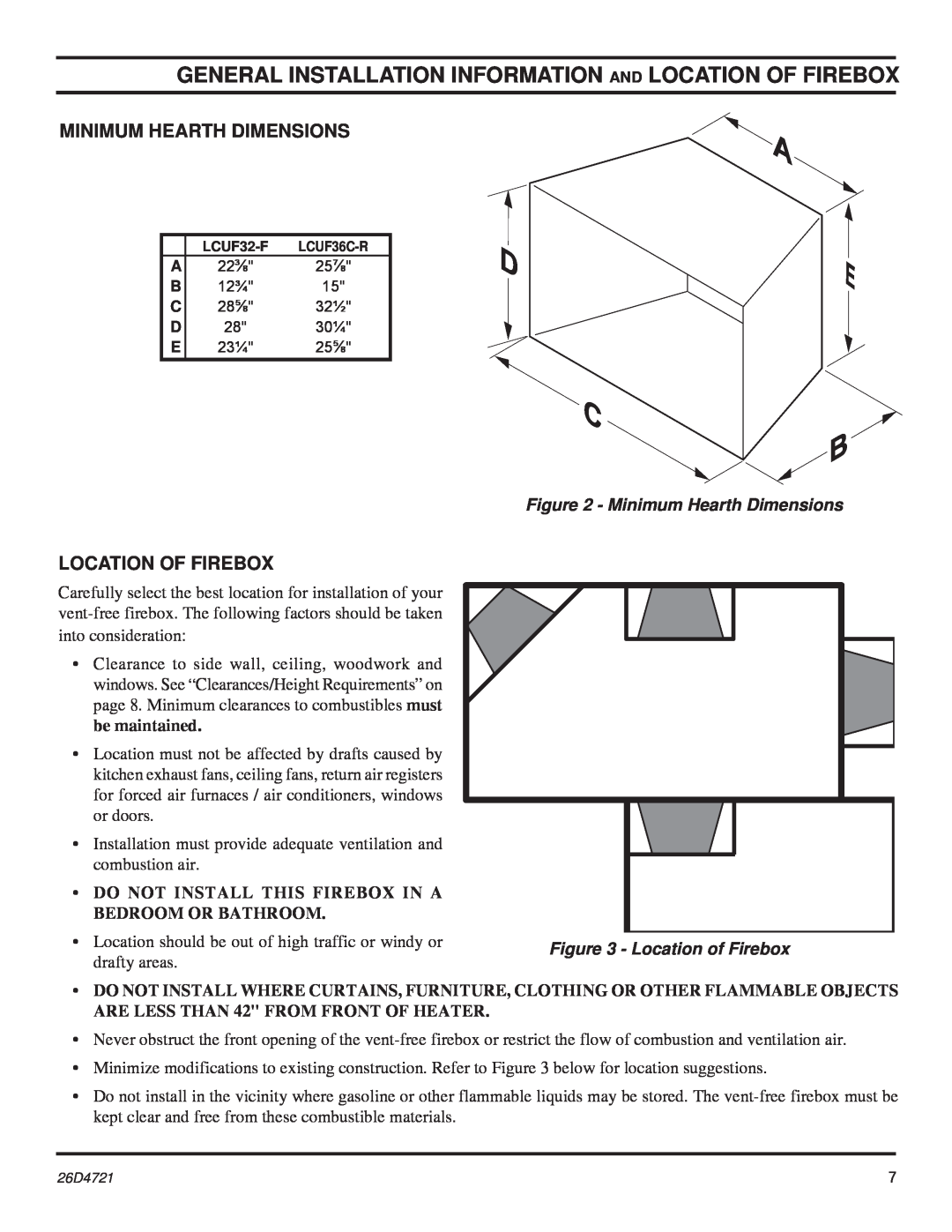 Monessen Hearth LCUF32-F dimensions Minimum Hearth Dimensions, Location Of Firebox, Location of Firebox 