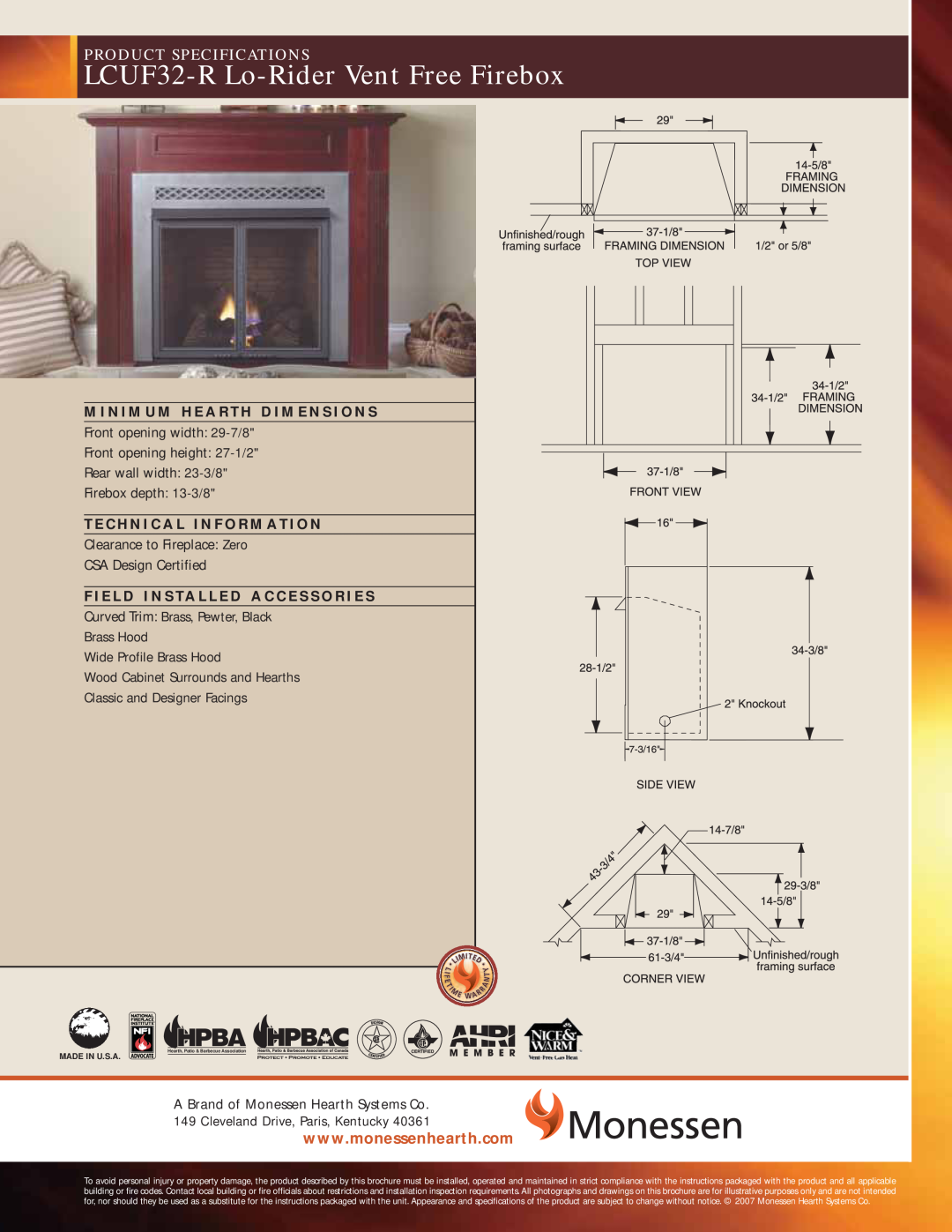 Monessen Hearth specifications LCUF32-R Lo-RiderVent Free Firebox, Product Specifications 