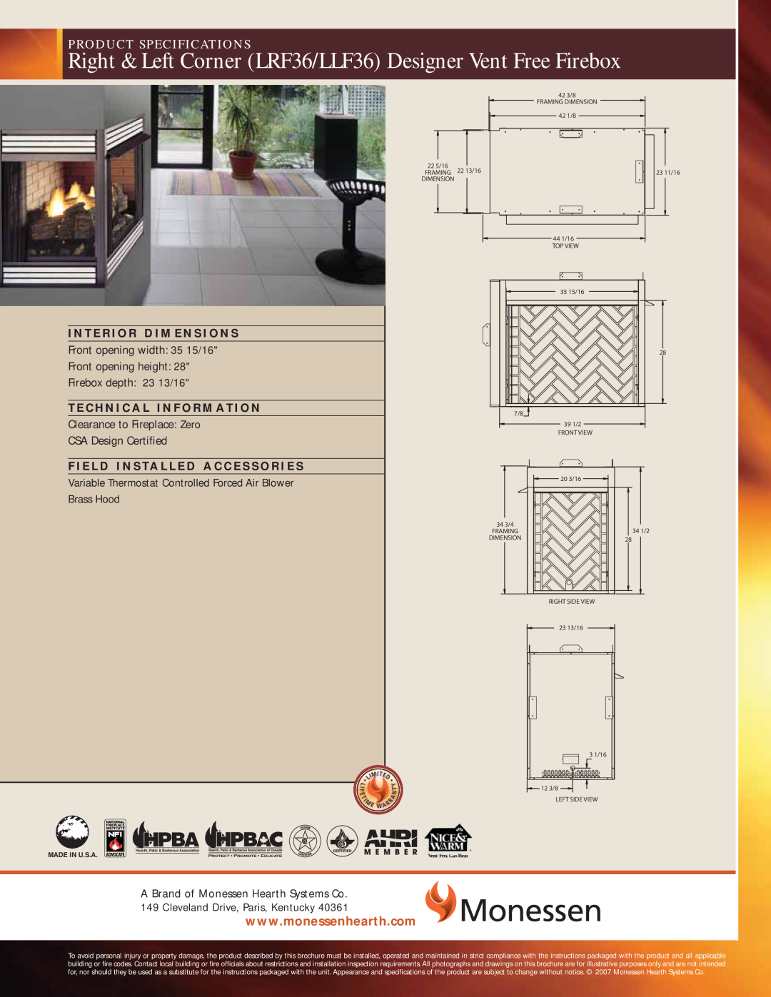 Monessen Hearth LRF36, LLF36 specifications Product Specifications, Front opening width 35 15/16, Made In U.S.A 
