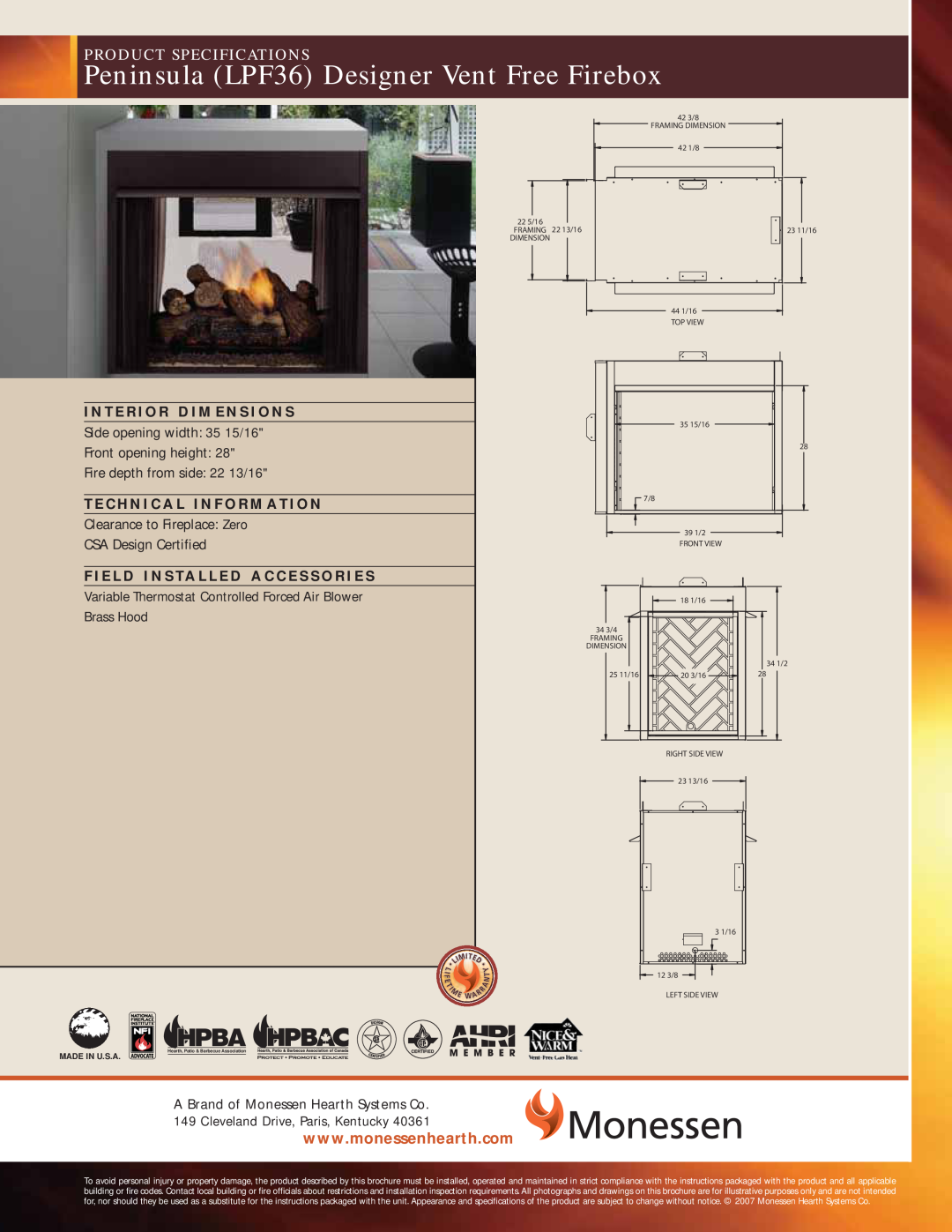 Monessen Hearth specifications Peninsula LPF36 Designer Vent Free Firebox, Product Specifications, Front opening height 