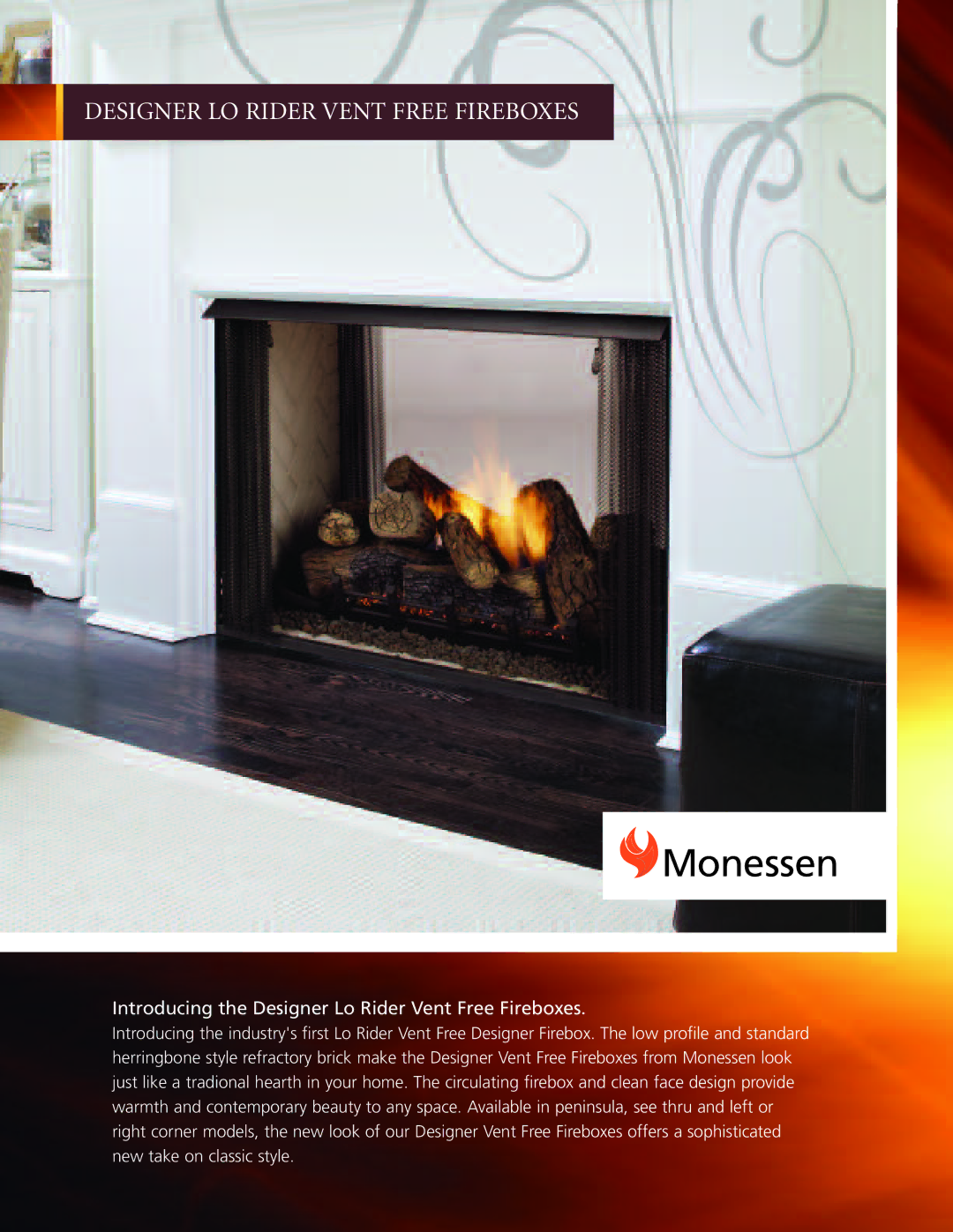 Monessen Hearth LLCF36, LRCF36 manual Monessen, Introducing the Designer Lo Rider Vent Free Fireboxes 