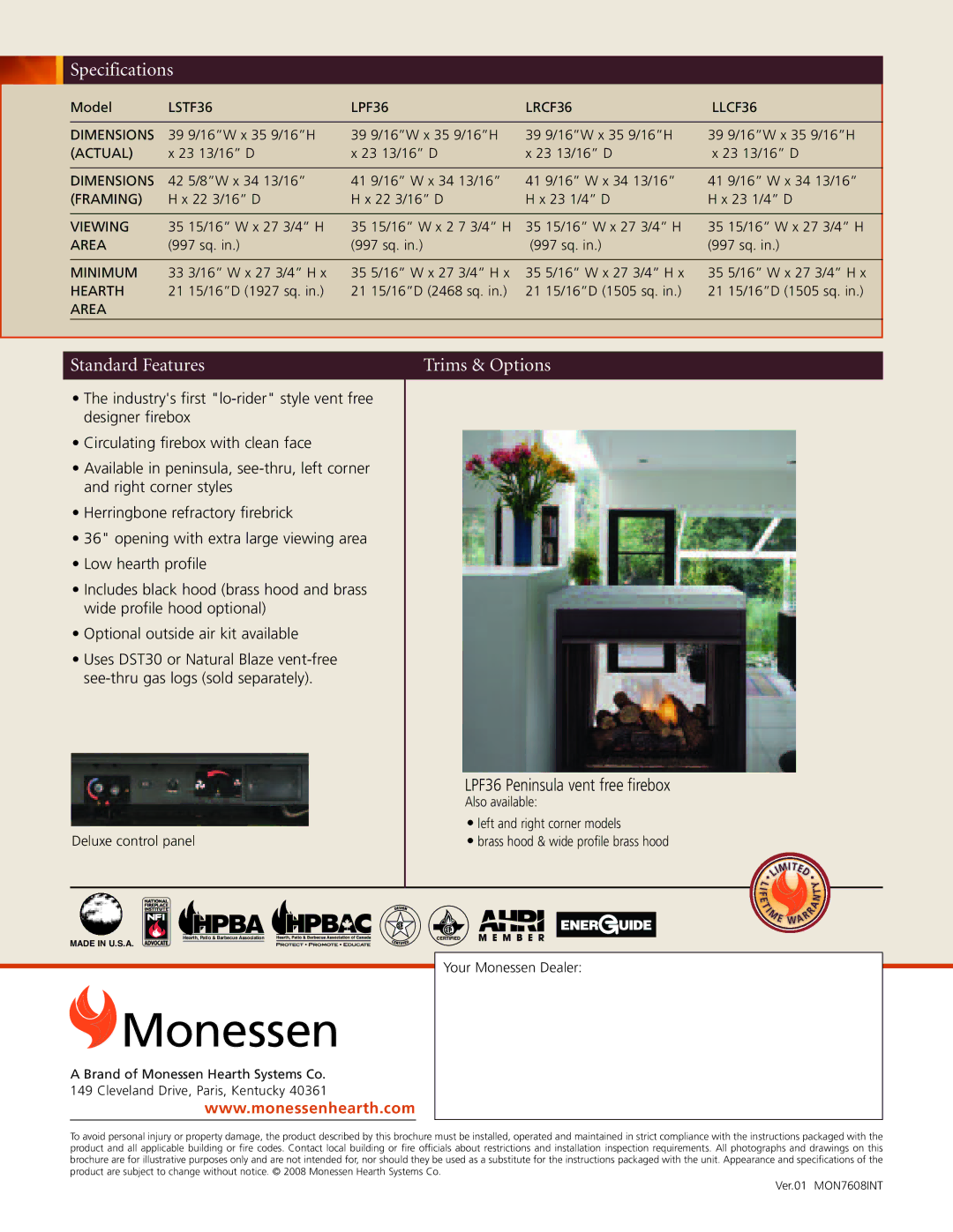 Monessen Hearth LRCF36 Monessen, Specifications, Standard Features Trims & Options, LPF36 Peninsula vent free firebox 