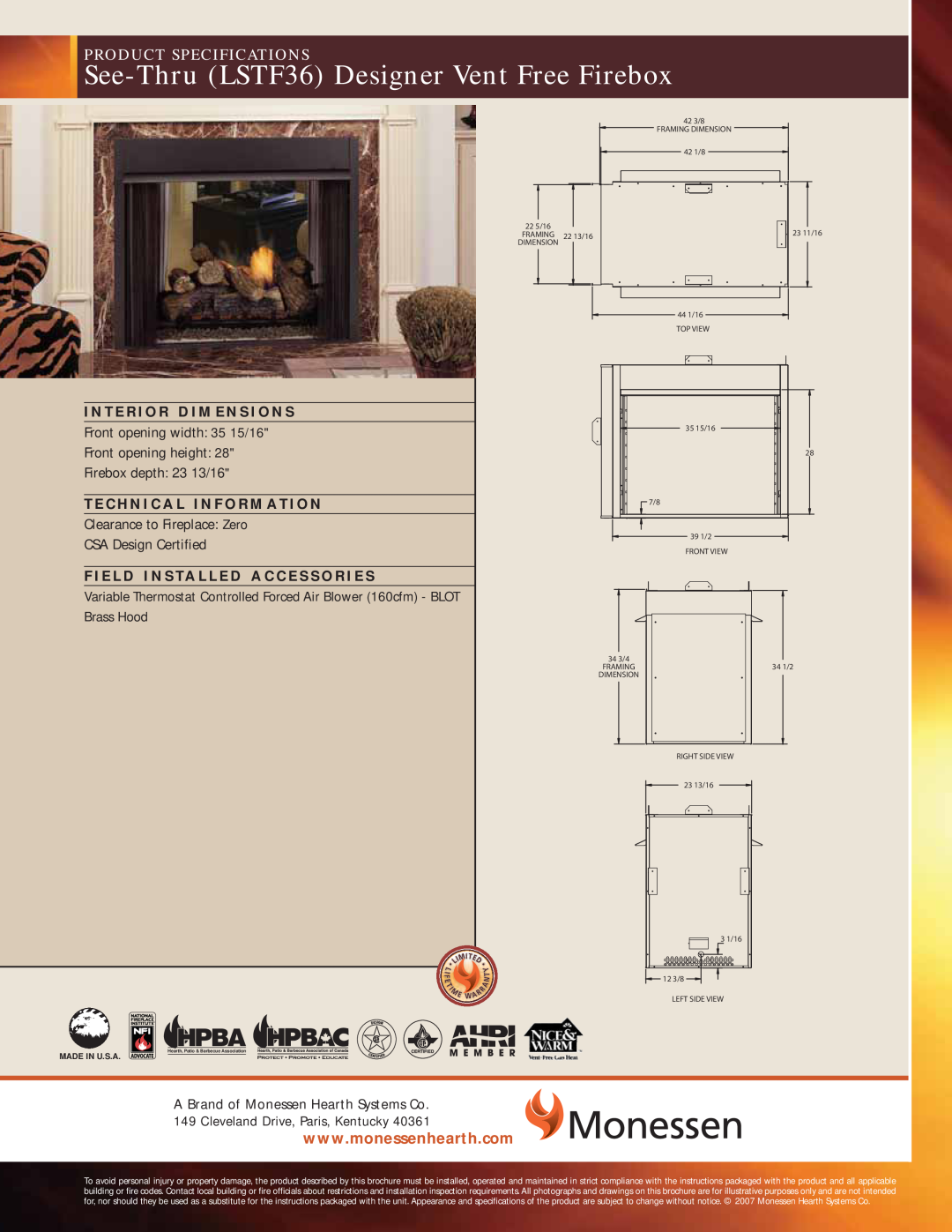 Monessen Hearth specifications See-ThruLSTF36 Designer Vent Free Firebox, Product Specifications, Made In U.S.A 