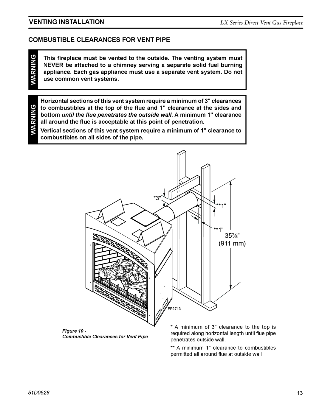 Monessen Hearth LX32DV, LX36DV operating instructions Venting Installation, Combustible Clearances for Vent Pipe 