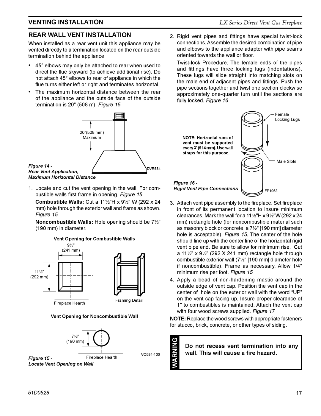 Monessen Hearth LX32DV, LX36DV operating instructions Rear Wall Vent installation, Do not recess vent termination into any 