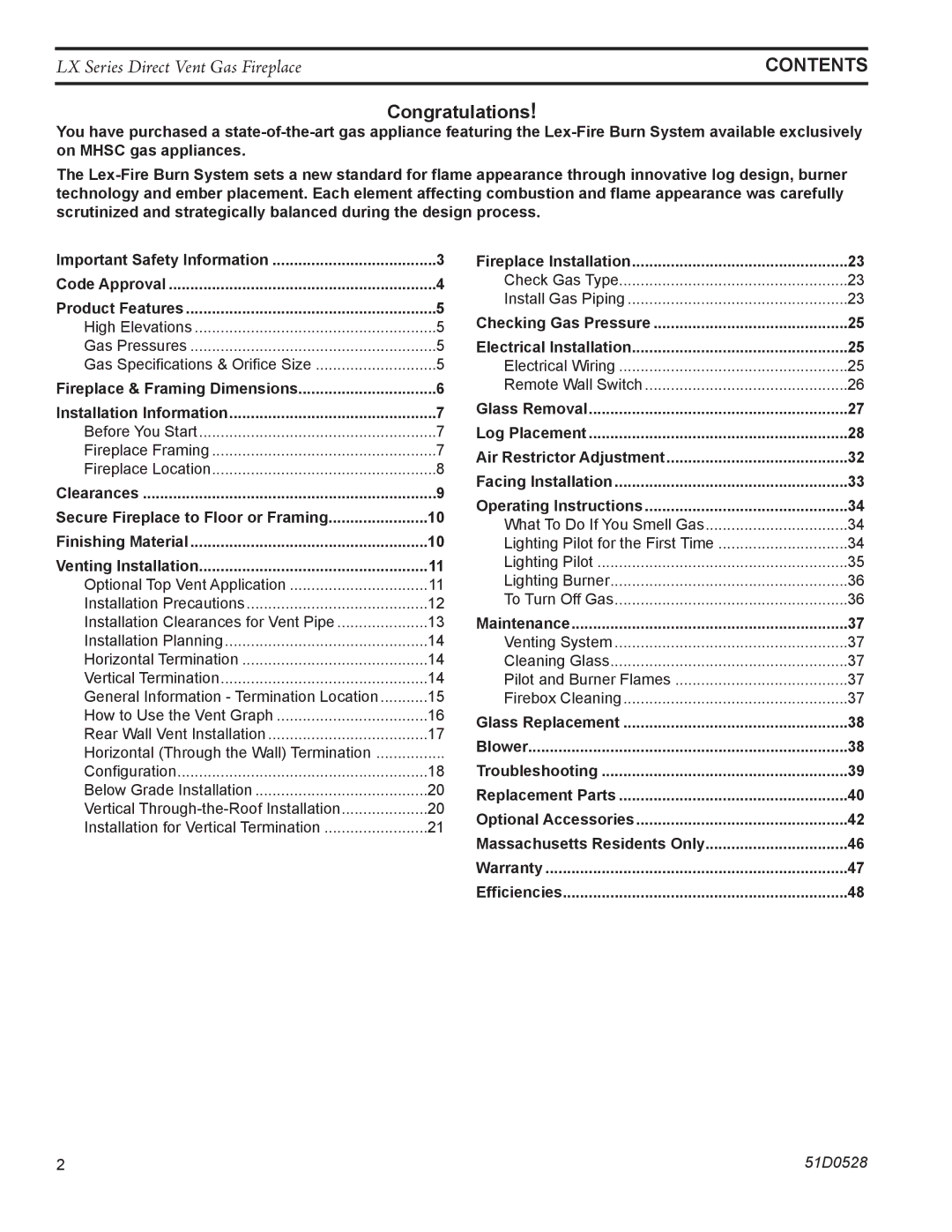 Monessen Hearth LX36DV, LX32DV operating instructions Congratulations, Contents 