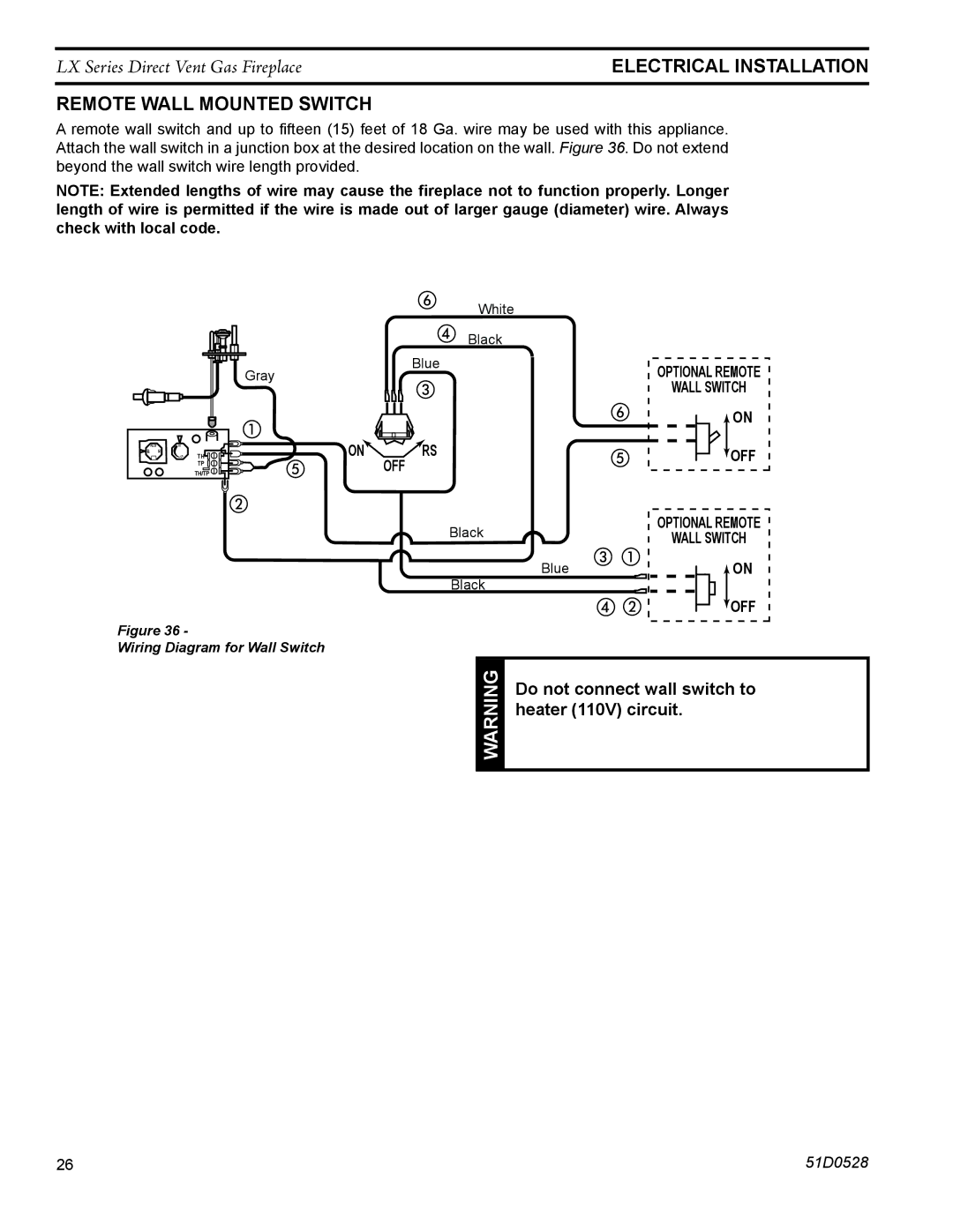 Monessen Hearth LX36DV, LX32DV Remote Wall mounted Switch, Do not connect wall switch to, Heater 110V circuit 