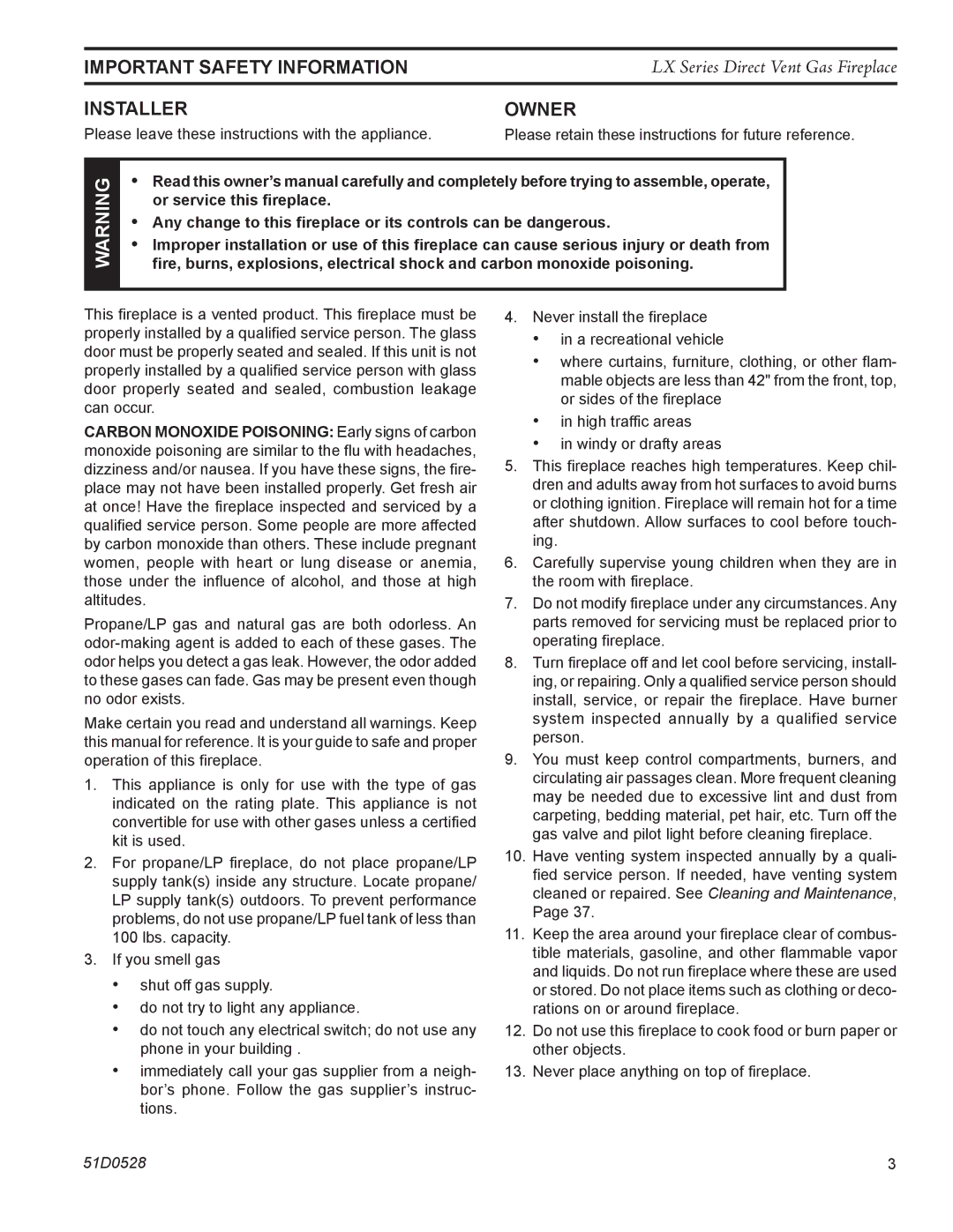 Monessen Hearth LX32DV Important Safety Information, Installer, Owner, Please leave these instructions with the appliance 