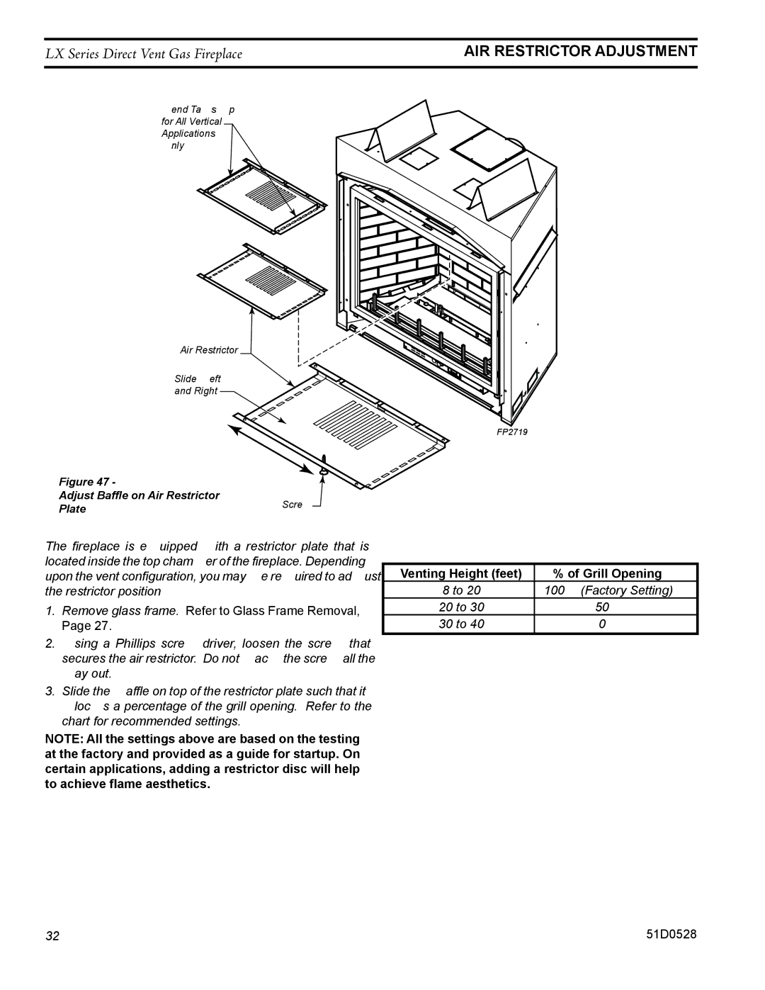 Monessen Hearth LX36DV, LX32DV operating instructions AIR Restrictor Adjustment, 100% Factory Setting, 20 to 50% 30 to 