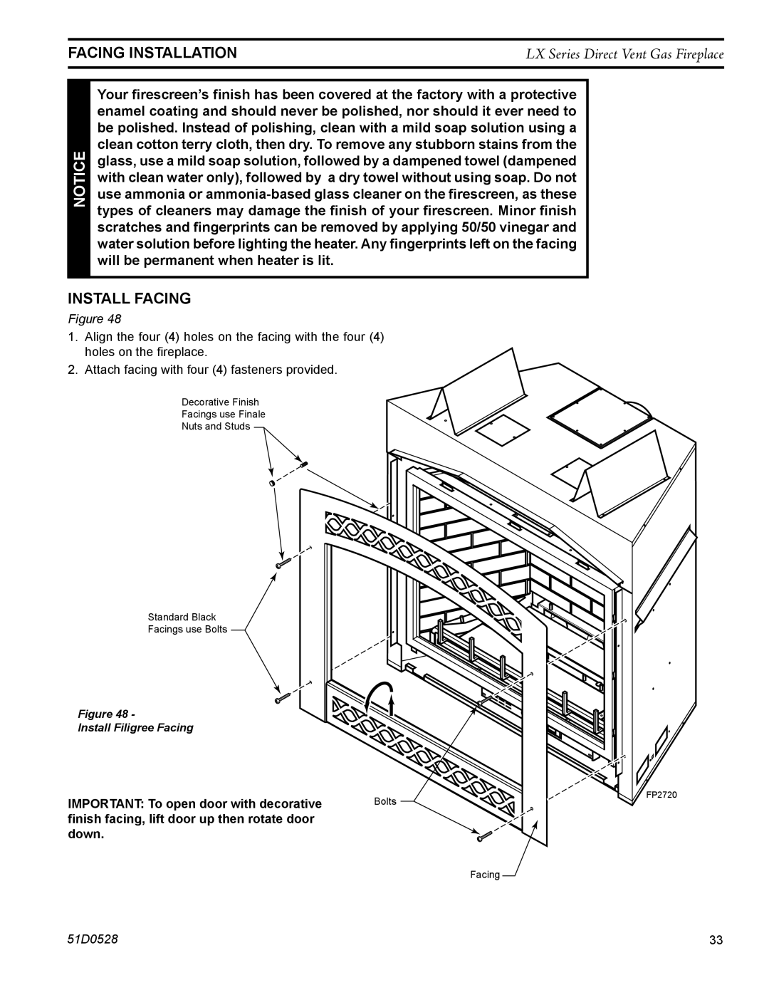 Monessen Hearth LX32DV, LX36DV operating instructions Facing Installation, Install Facing 