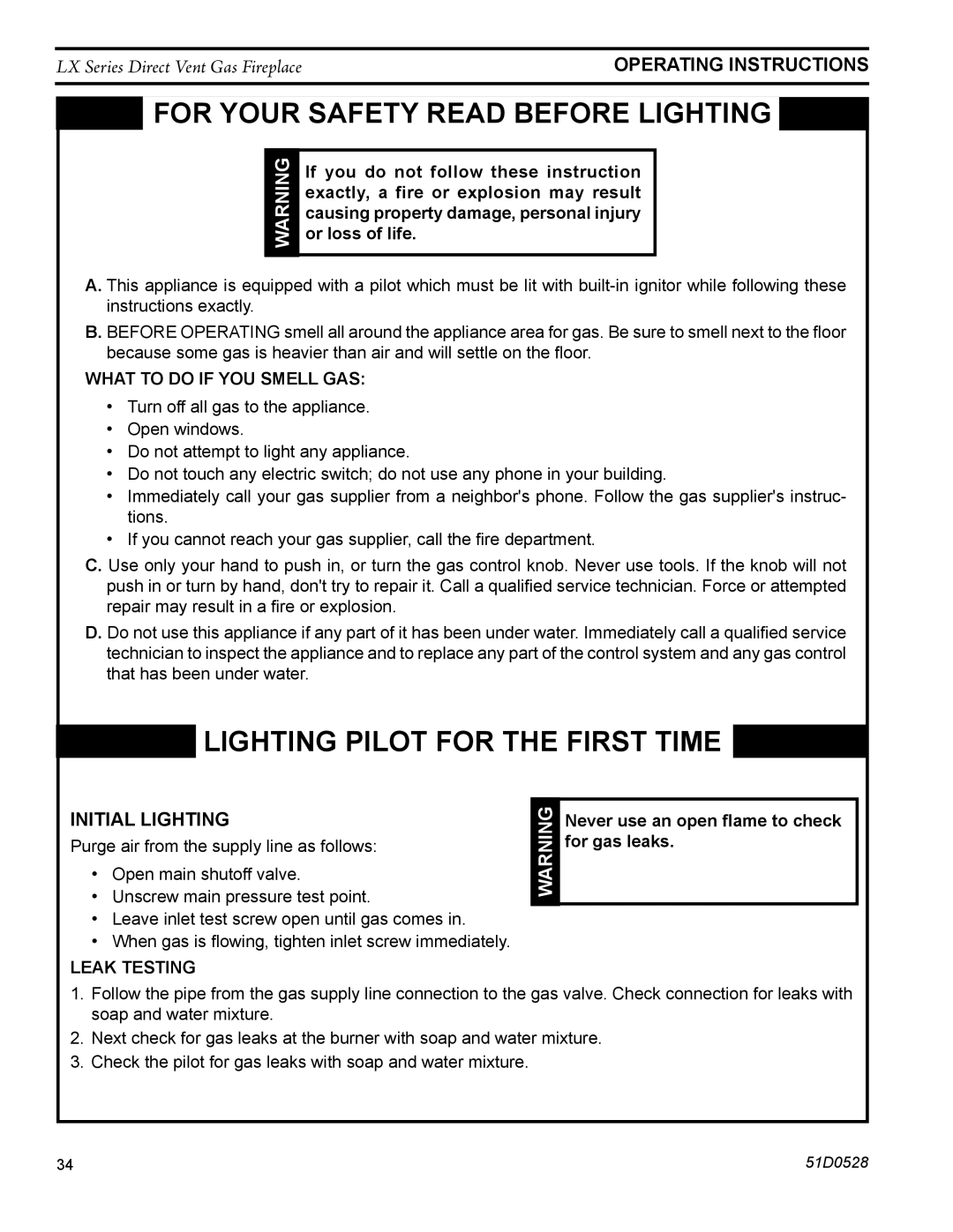 Monessen Hearth LX36DV, LX32DV operating instructions Initial lighting, Operating Instructions 