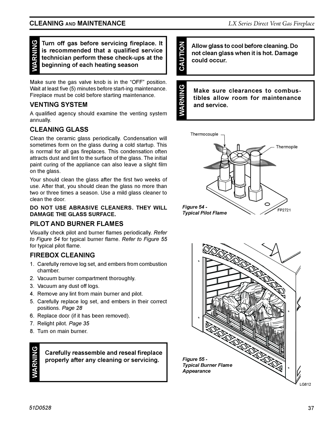 Monessen Hearth LX32DV Cleaning and maintenance, Venting system, Cleaning glass, Pilot and Burner Flames, Firebox Cleaning 