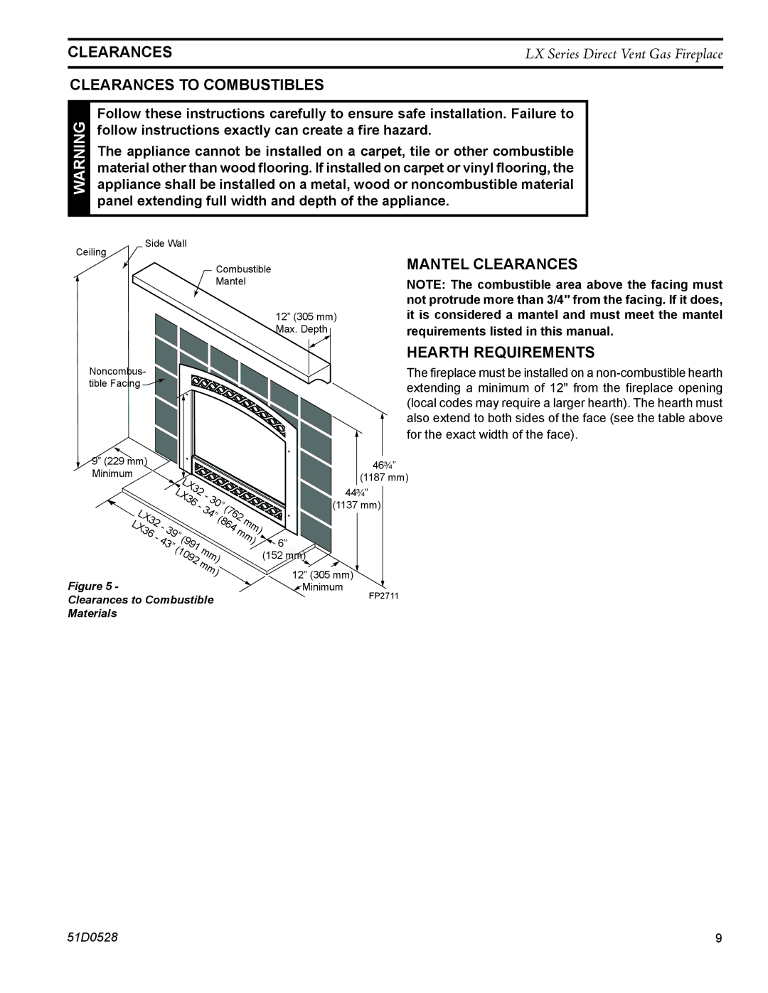 Monessen Hearth LX32DV, LX36DV operating instructions Clearances to combustibles, Mantel clearances Hearth requirements 