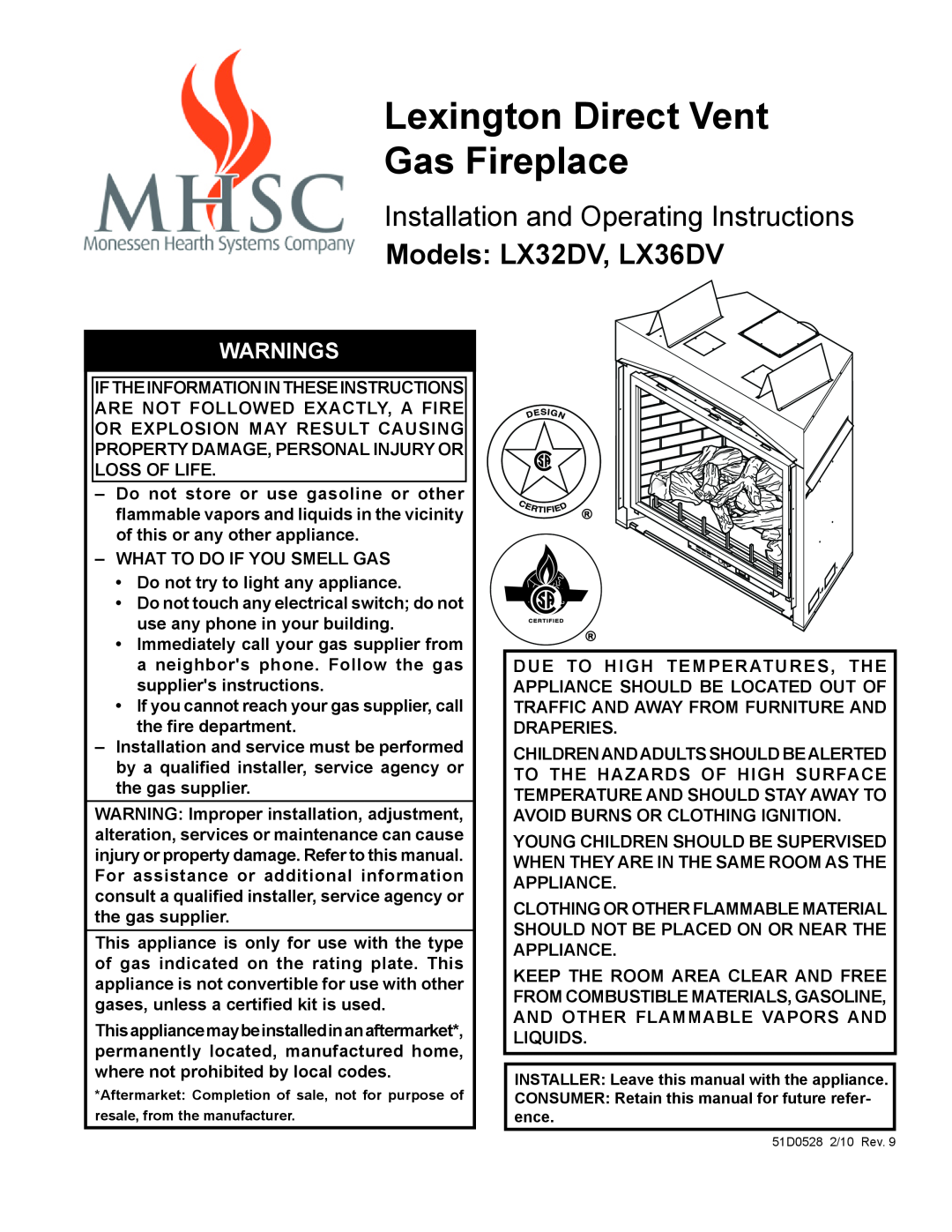 Monessen Hearth operating instructions Models LX32DV, LX36DV, Lexington Direct Vent Gas Fireplace, Warnings 