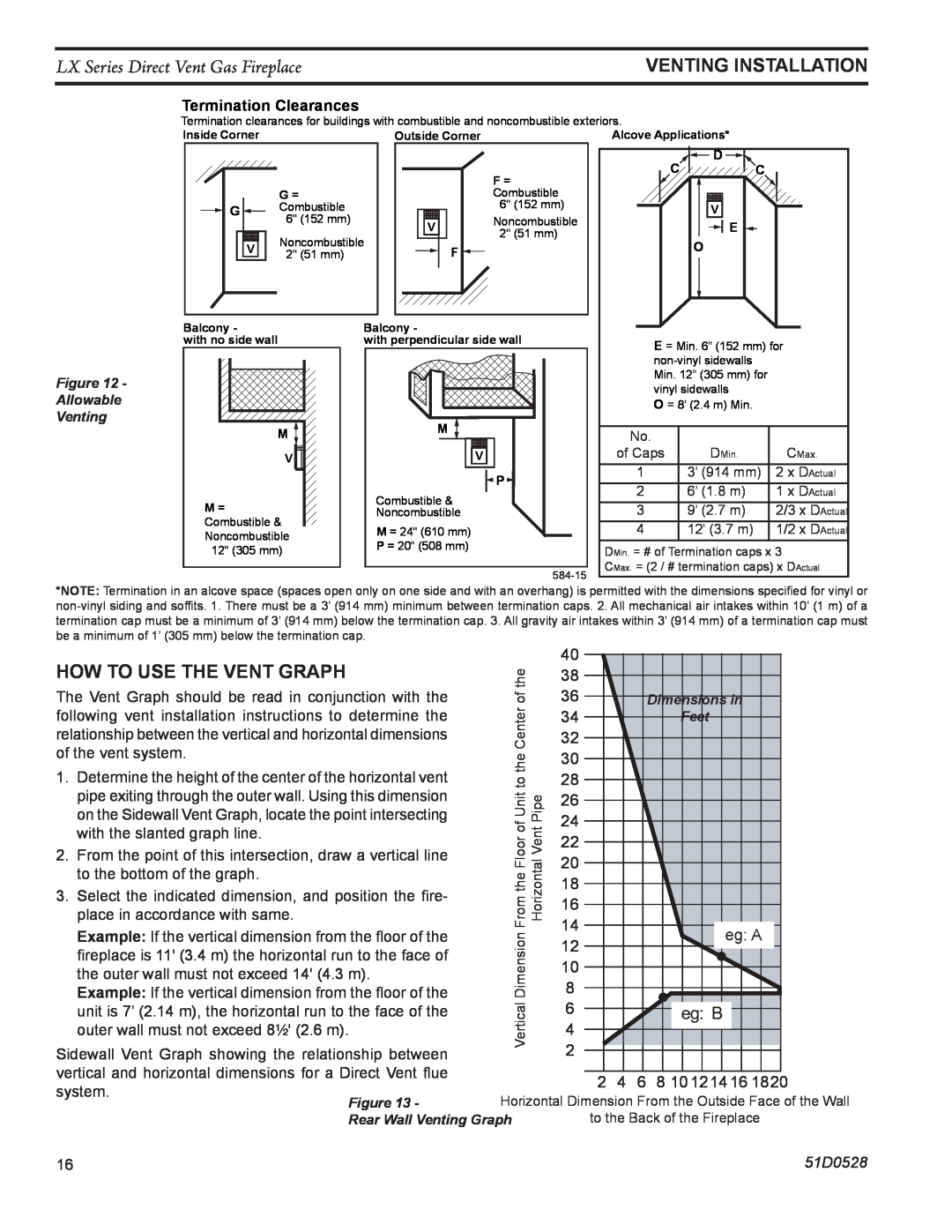 Monessen Hearth LX36DV How To Use The Vent Graph, LX Series Direct Vent Gas Fireplace, Termination Clearances, eg A 
