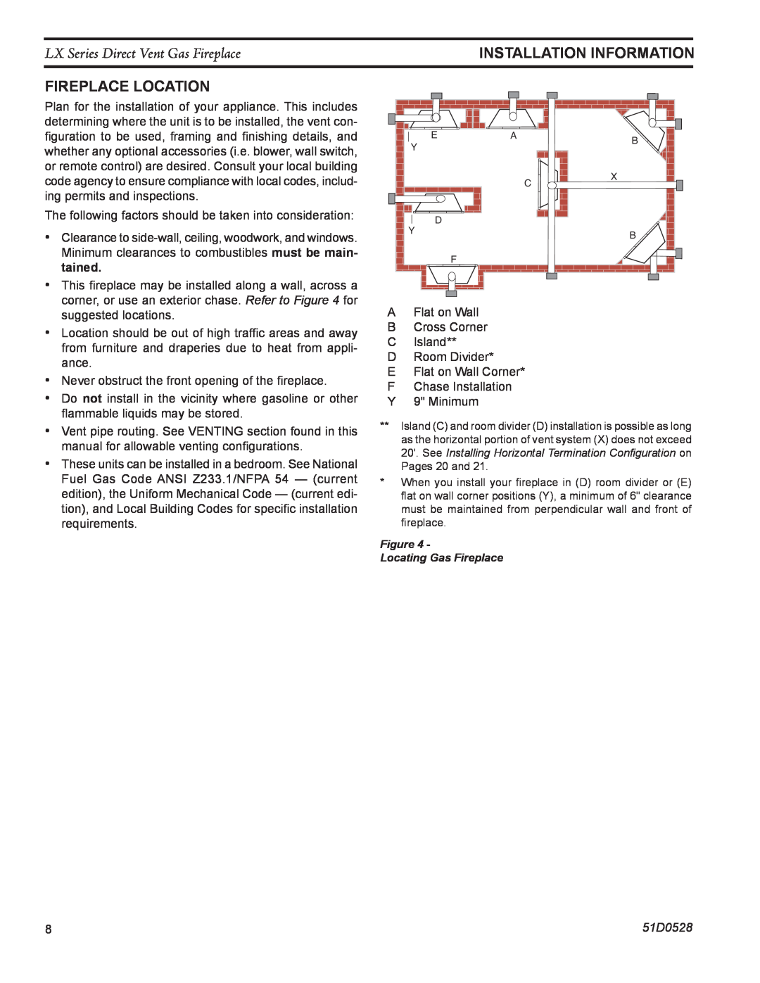 Monessen Hearth LX36DV, LX32DV Fireplace Location, LX Series Direct Vent Gas Fireplace, Installation Information, 51D0528 