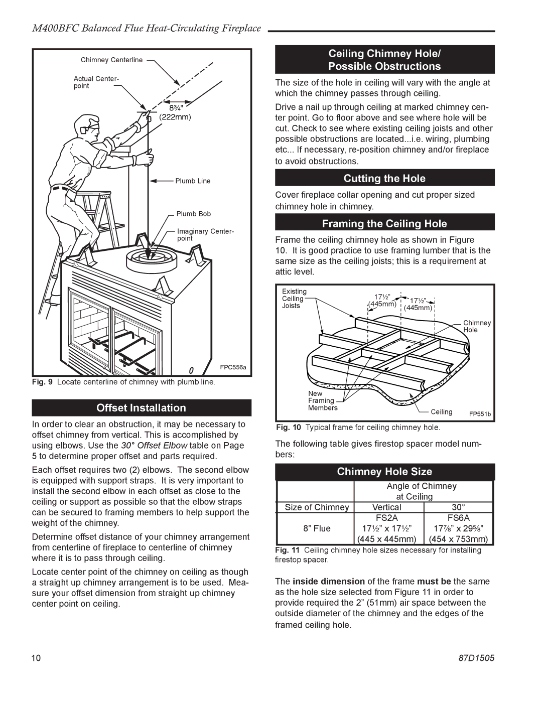 Monessen Hearth M400BFC manual Offset Installation, Ceiling Chimney Hole Possible Obstructions, Cutting the Hole 