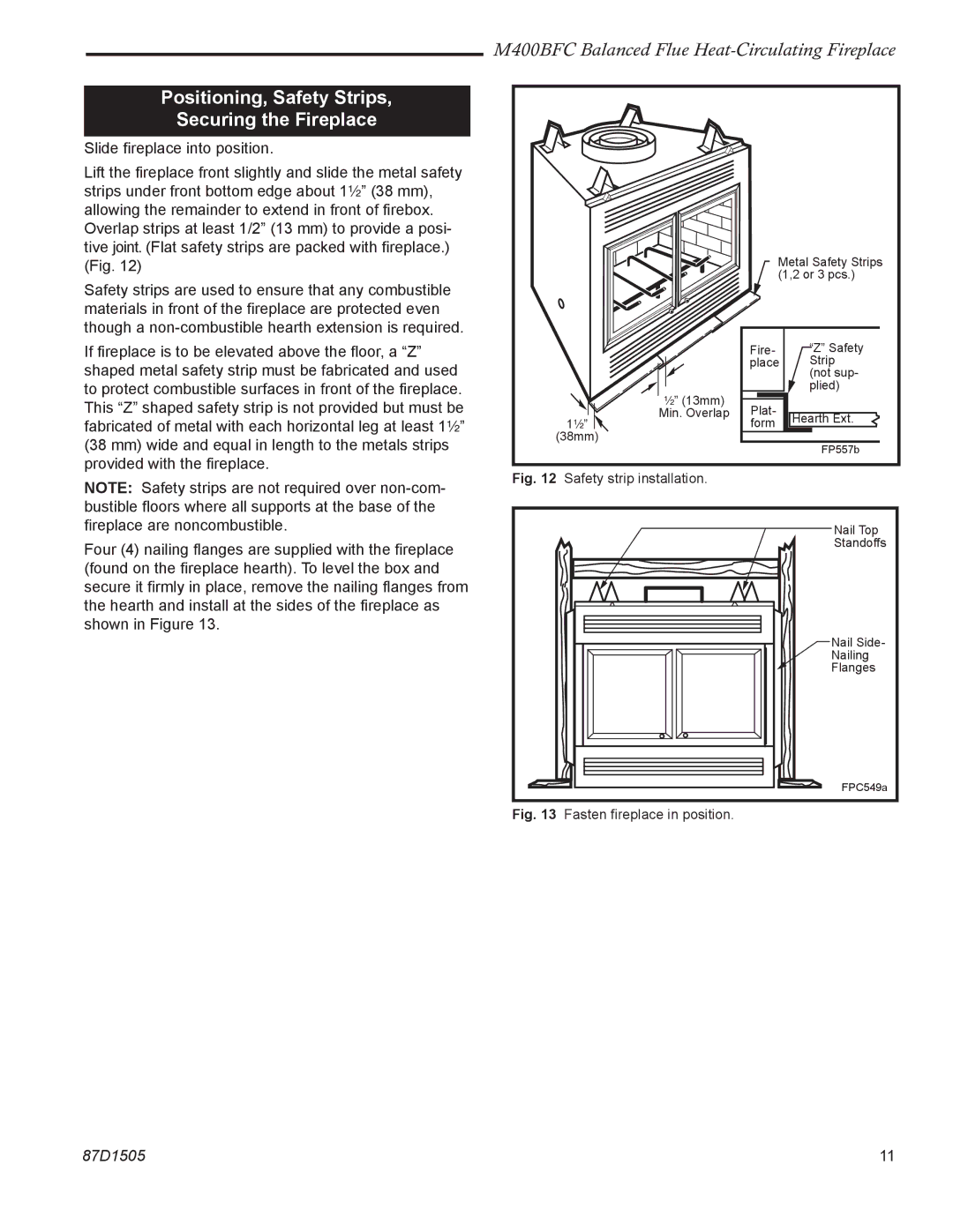 Monessen Hearth M400BFC manual Positioning, Safety Strips Securing the Fireplace, Safety strip installation 