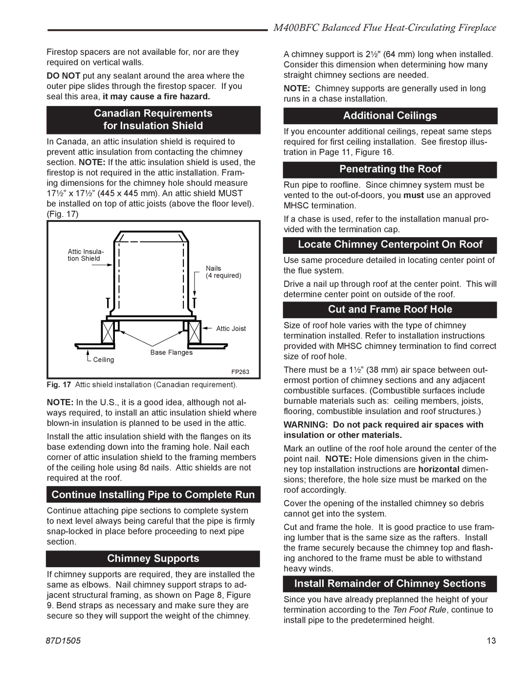 Monessen Hearth M400BFC manual Canadian Requirements For Insulation Shield, Additional Ceilings, Penetrating the Roof 