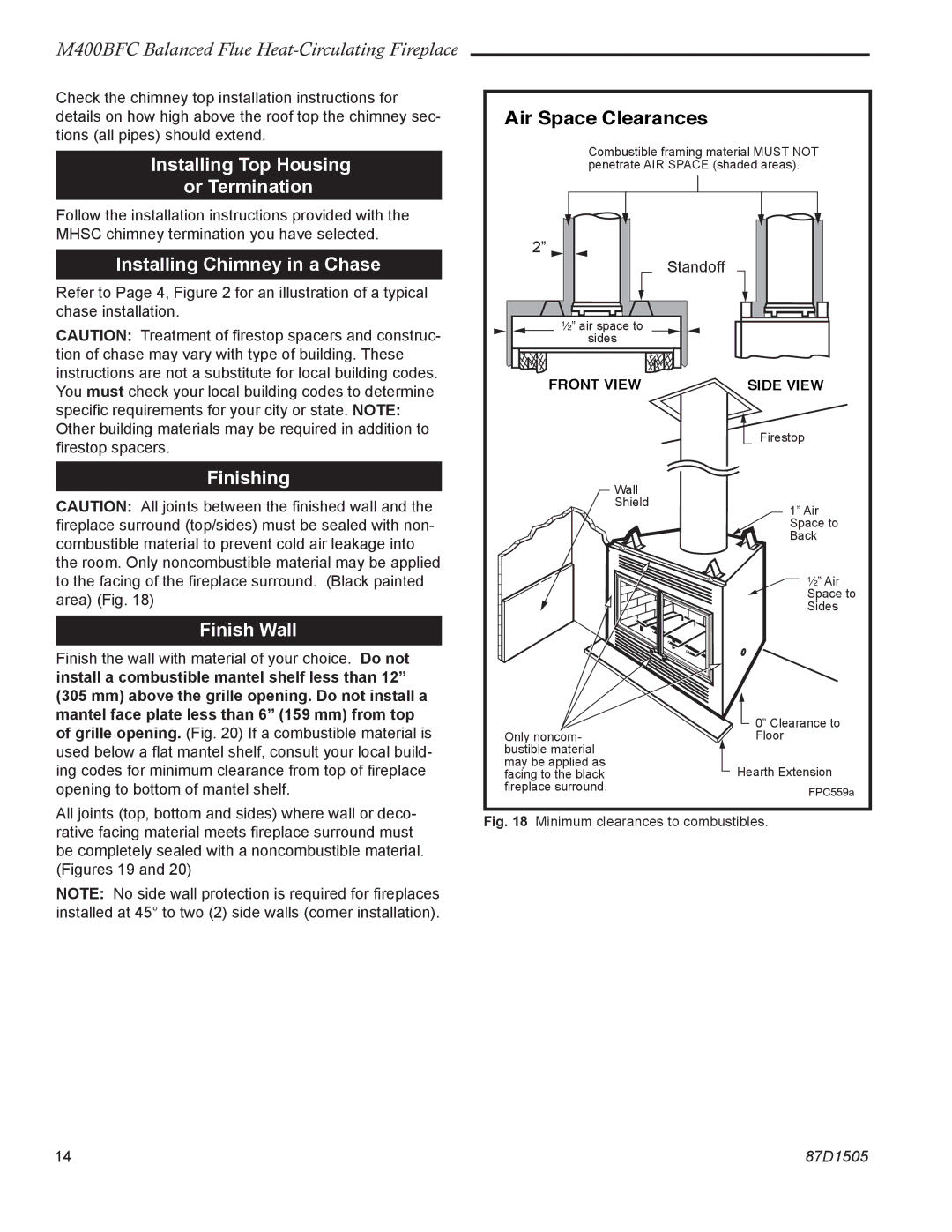 Monessen Hearth M400BFC manual Installing Top Housing or Termination, Installing Chimney in a Chase, Finishing Finish Wall 