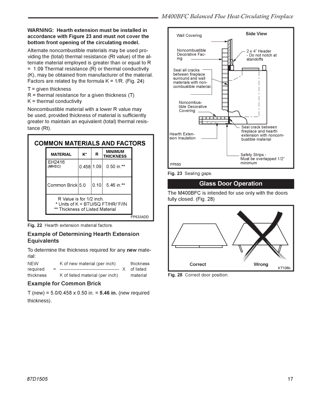 Monessen Hearth M400BFC manual Common Materials and Factors, Glass Door Operation 