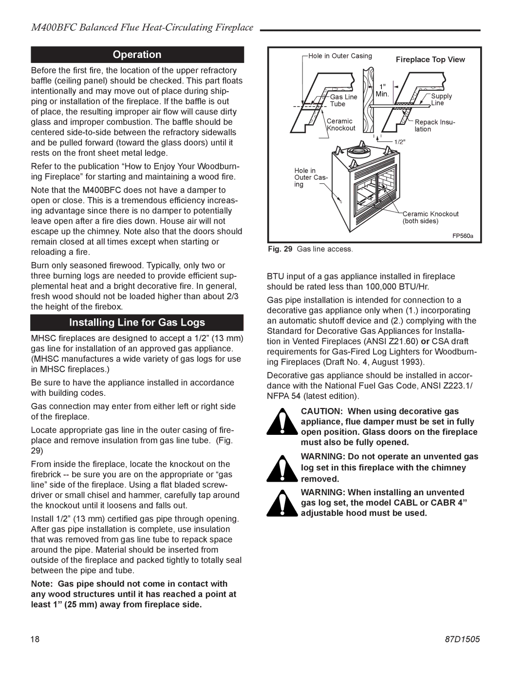 Monessen Hearth M400BFC manual Operation, Installing Line for Gas Logs 