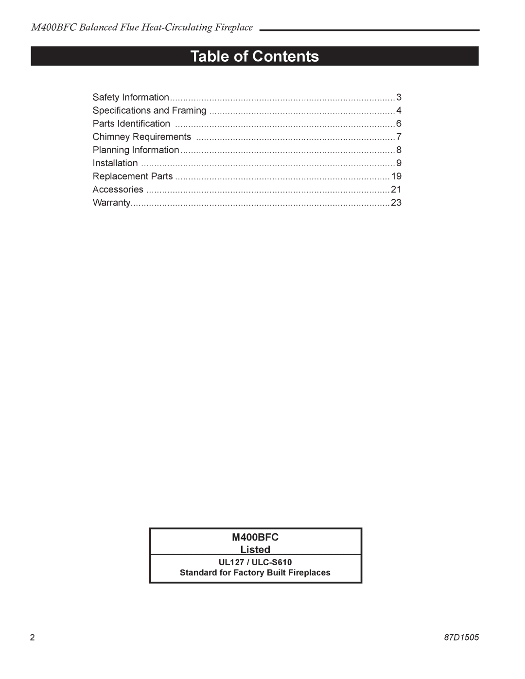 Monessen Hearth M400BFC manual Table of Contents 