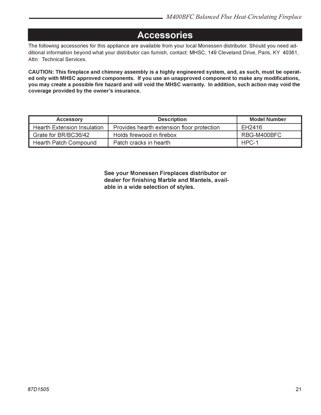 Monessen Hearth M400BFC manual Accessories 