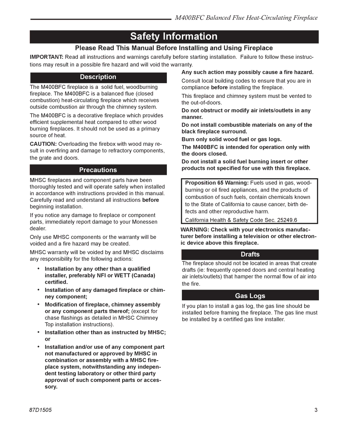 Monessen Hearth M400BFC manual Safety Information, Description, Precautions, Drafts, Gas Logs 