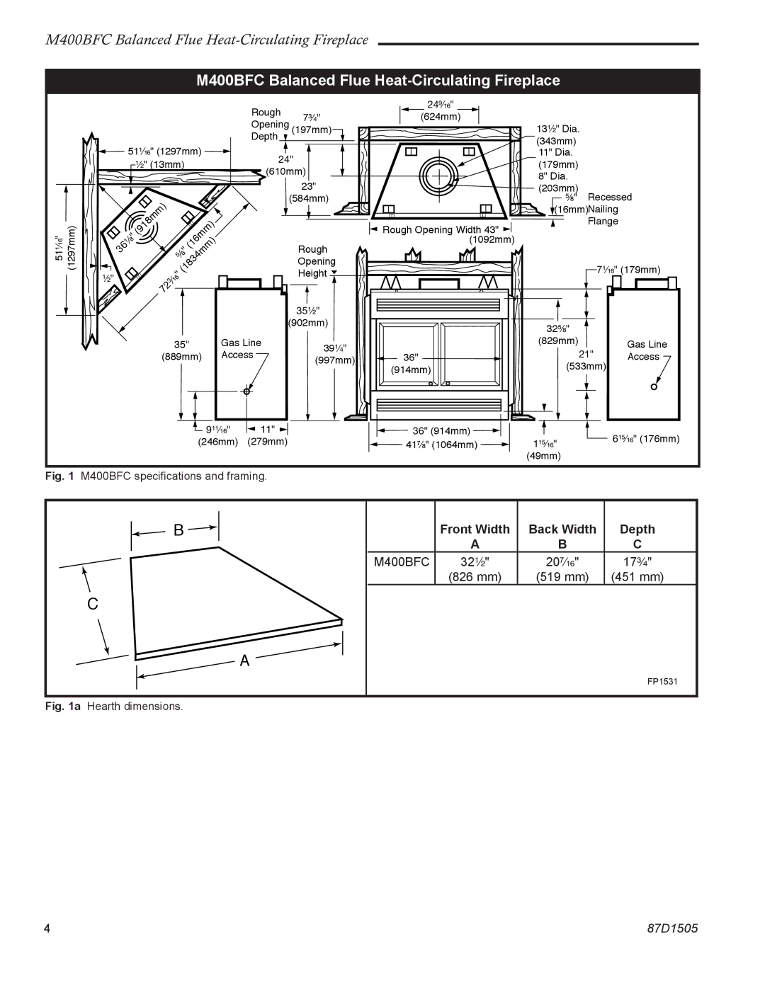 Monessen Hearth manual M400BFC Balanced Flue Heat-Circulating Fireplace, Hearth dimensions 