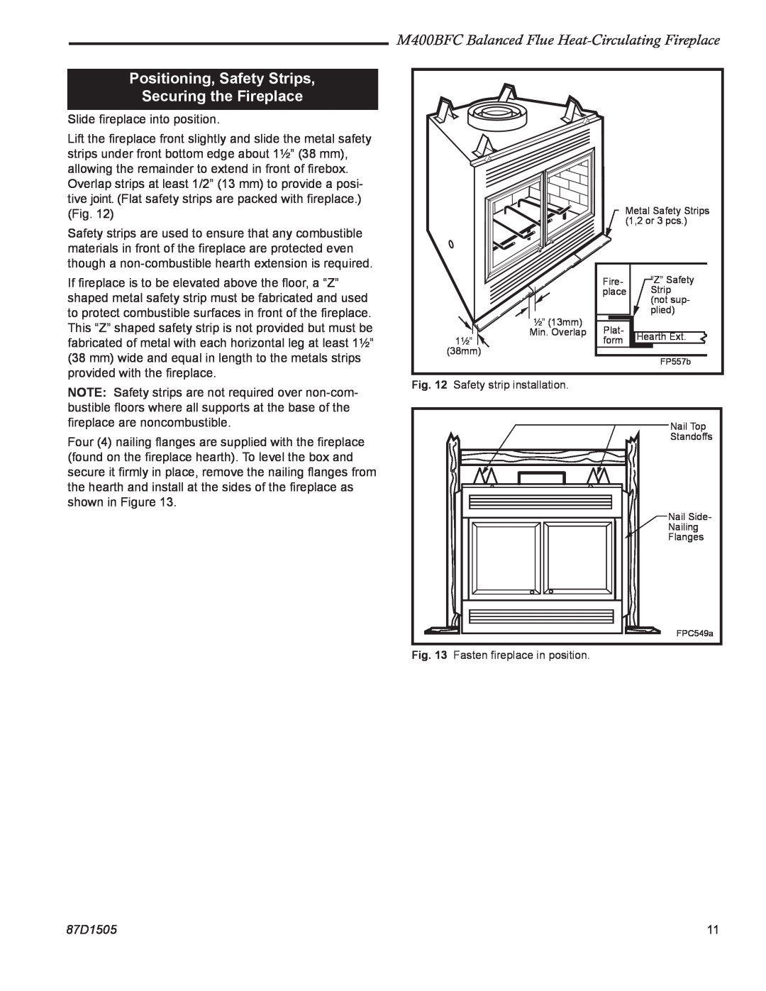 Monessen Hearth M400BFC manual Positioning, Safety Strips Securing the Fireplace, 87D1505 