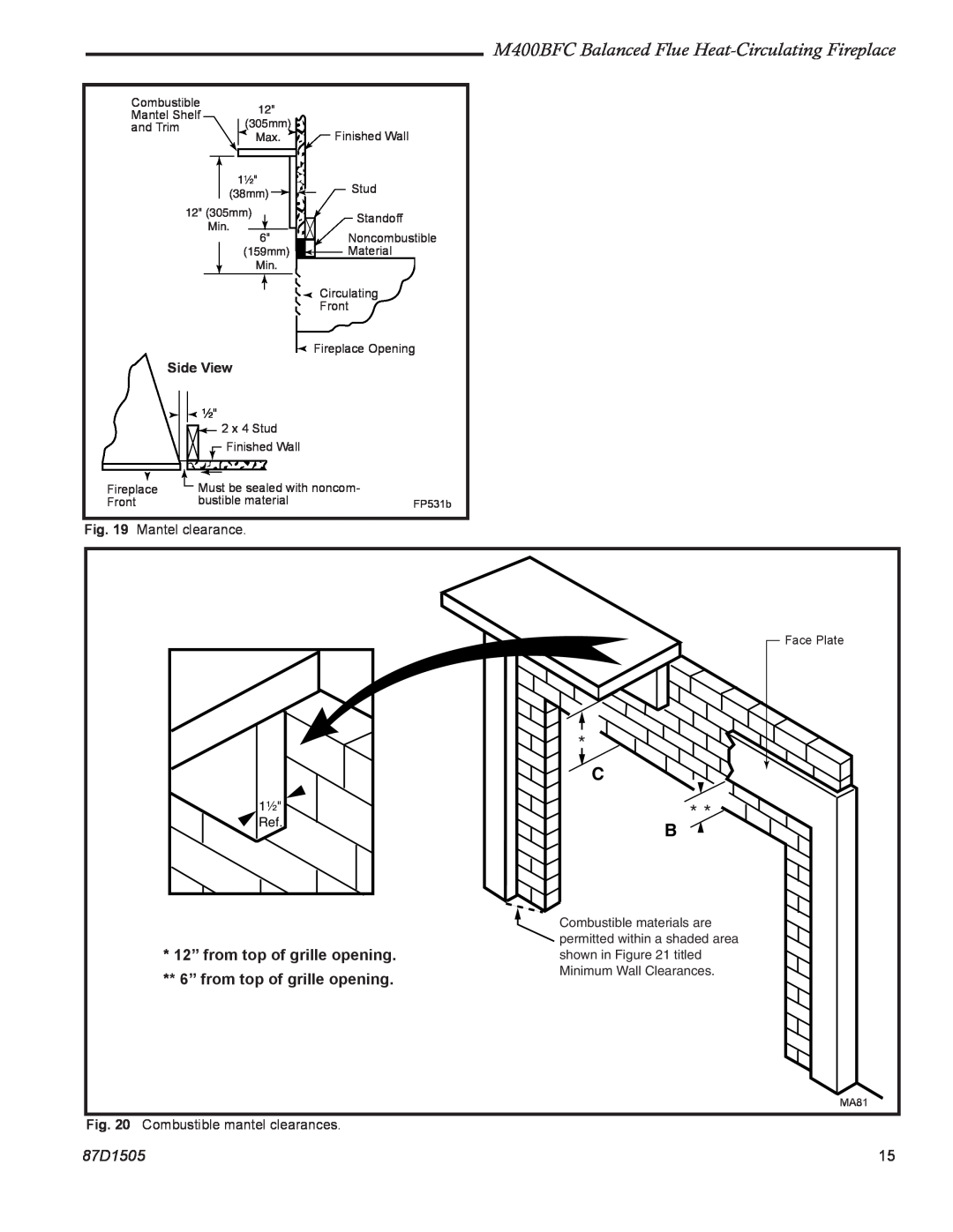 Monessen Hearth manual M400BFC Balanced Flue Heat-Circulating Fireplace, 87D1505, Side View 