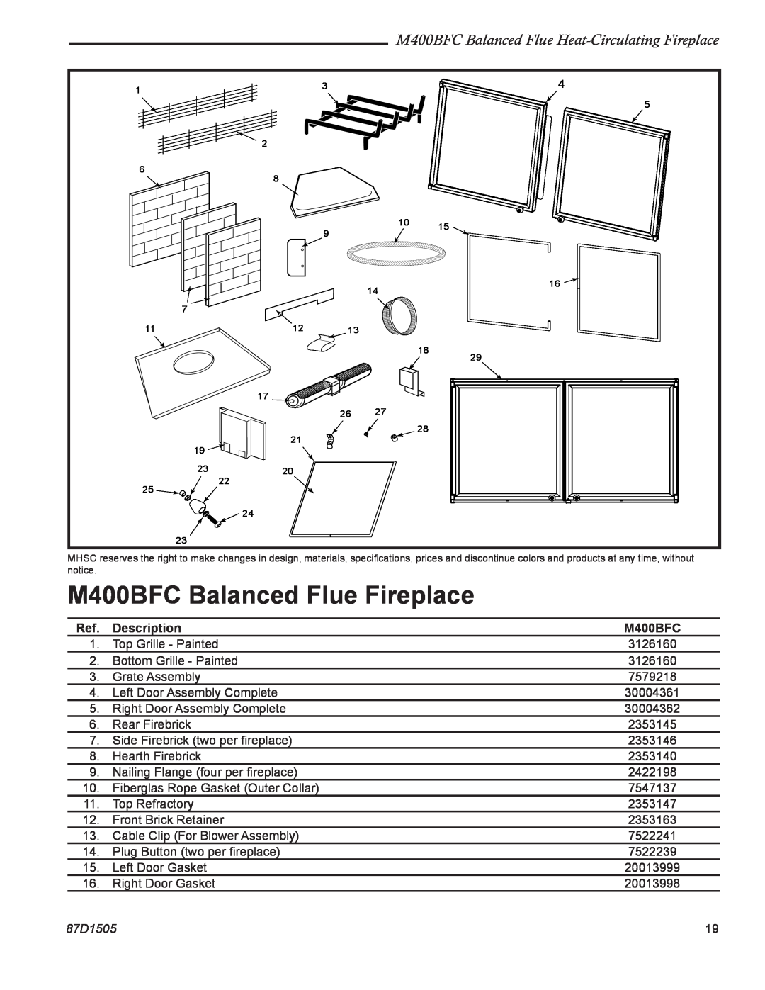 Monessen Hearth M400BFC Balanced Flue Fireplace, M400BFC Balanced Flue Heat-Circulating Fireplace, Description, 87D1505 