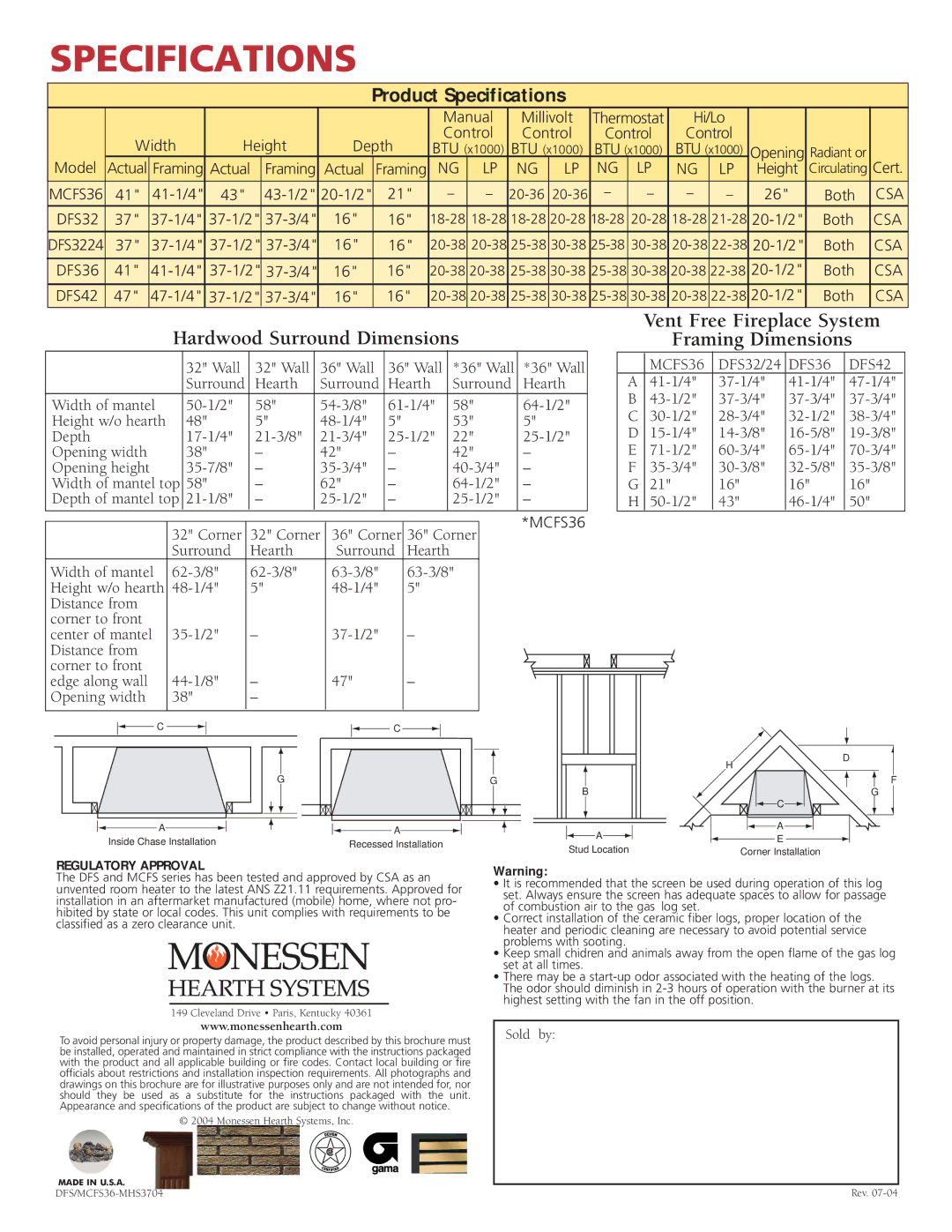 Monessen Hearth MCFS36, DFS42, DFS3224, DFS36 manual Product Specifications 