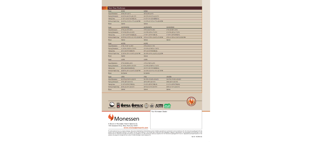 Monessen Hearth MCUF36D, GRUF36CF brochure Vent Free Fireboxes, GCUF32/GRUF32 GCUF36/GRUF36 GCUF42/GRUF42 