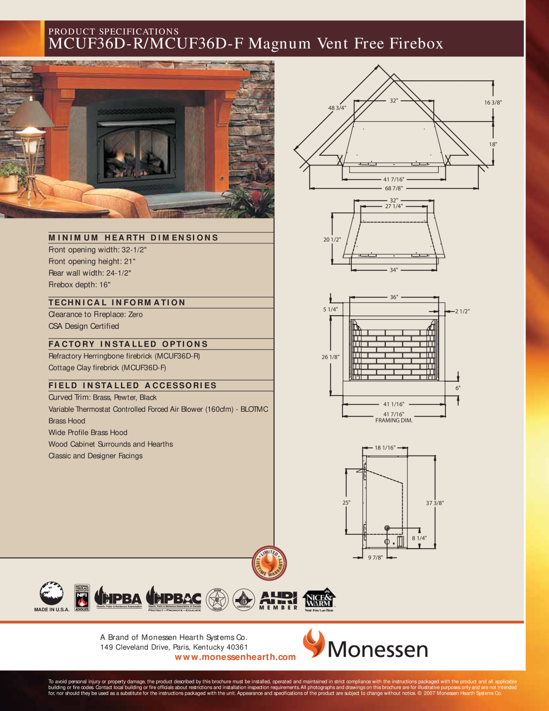 Monessen Hearth specifications MCUF36D-R/MCUF36D-FMagnum Vent Free Firebox, Product Specifications 