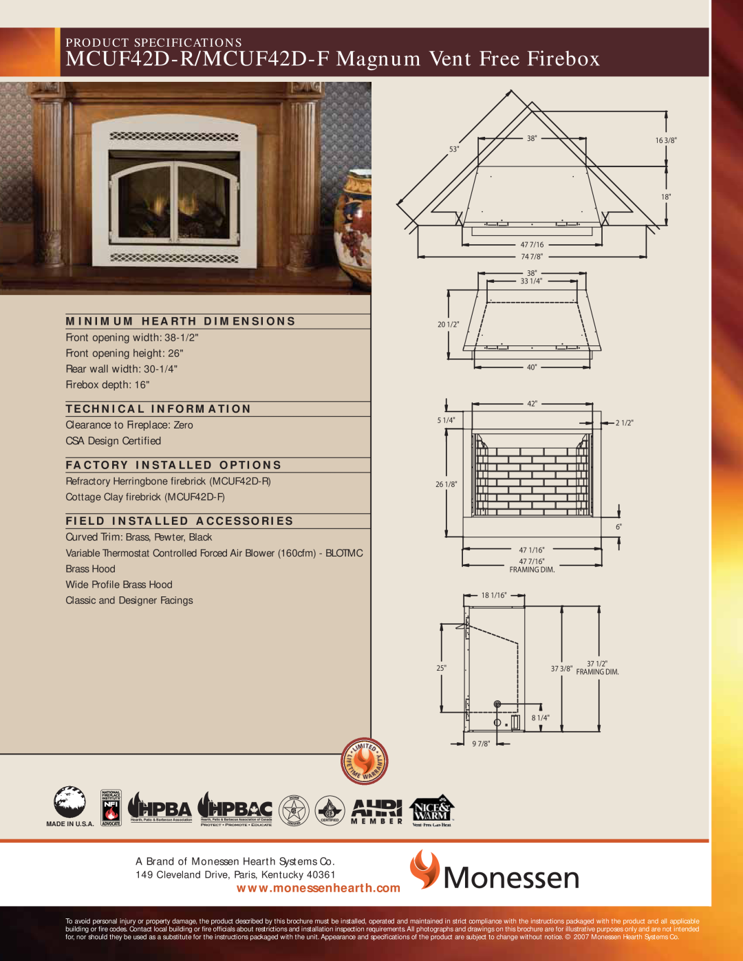 Monessen Hearth specifications MCUF42D-R/MCUF42D-FMagnum Vent Free Firebox, Product Specifications, 16 3/8, 2 1/2 