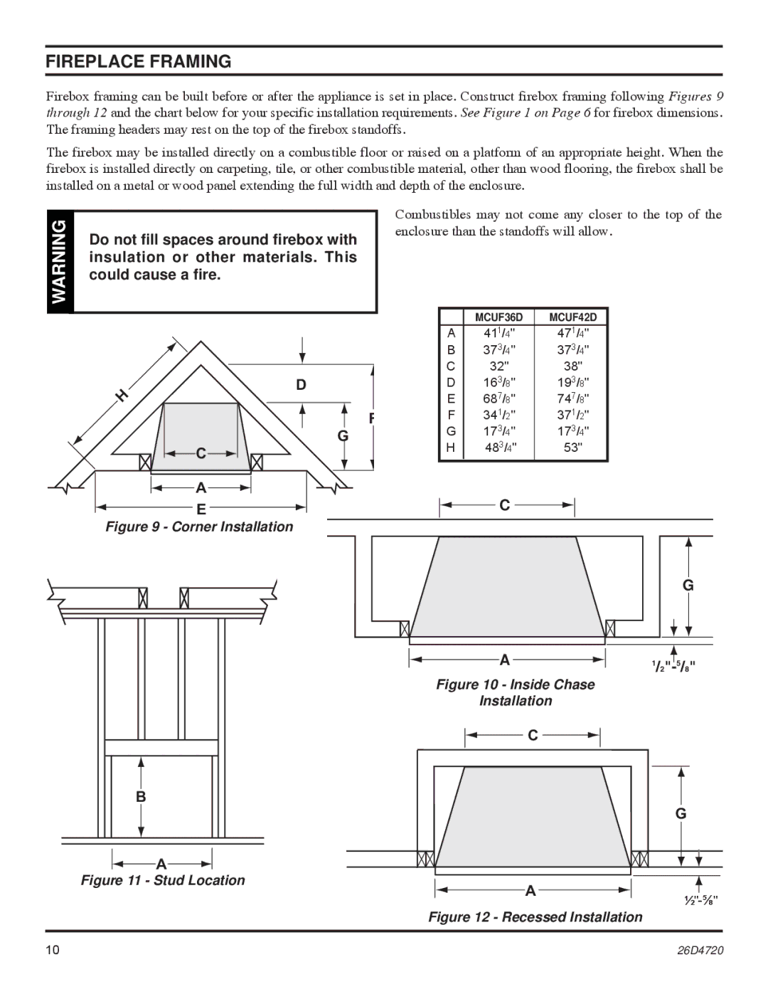 Monessen Hearth MCUF42D SERIES dimensions Fireplace Framing, Corner Installation 