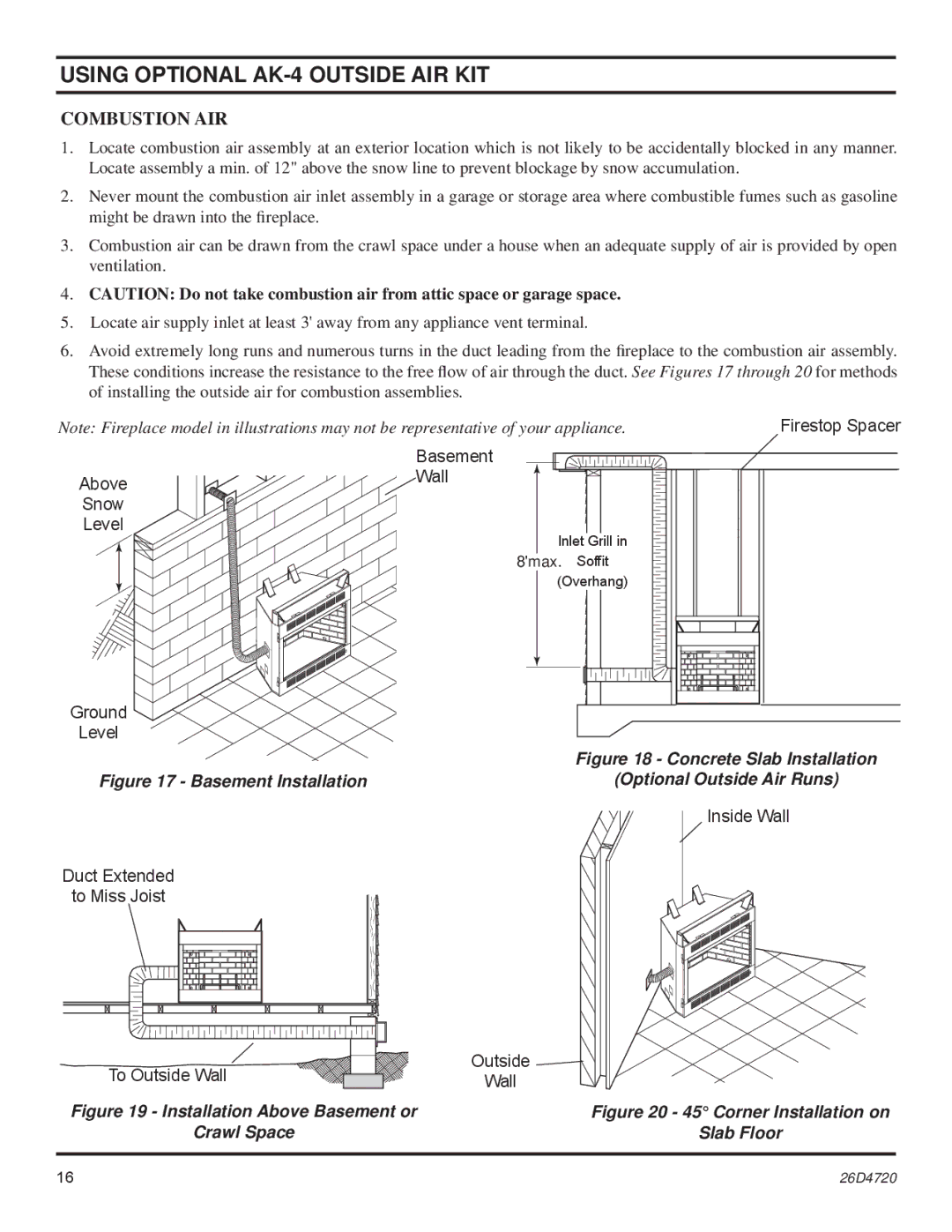 Monessen Hearth MCUF42D SERIES dimensions Using Optional AK-4 Outside AIR KIT, Combustion AIR 