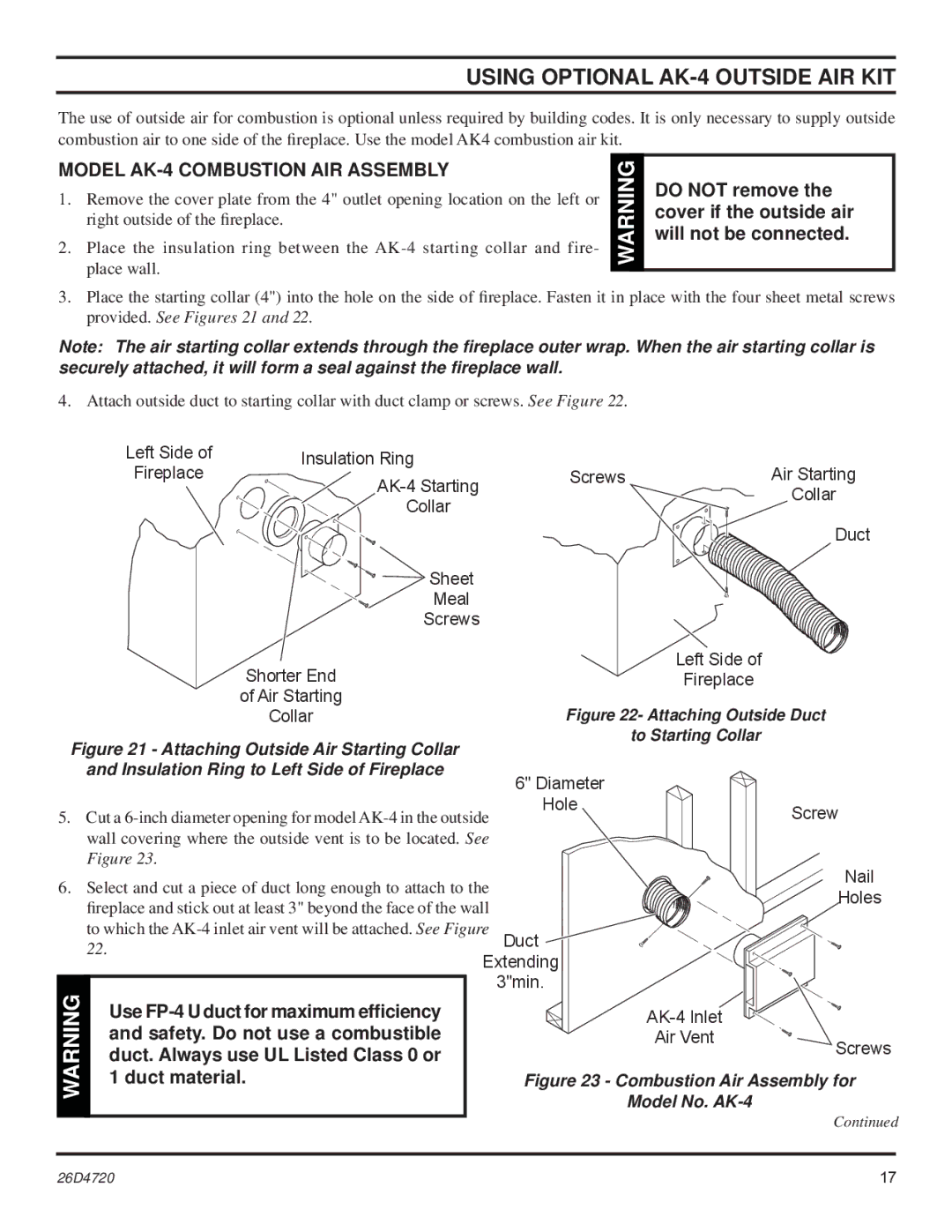 Monessen Hearth MCUF42D SERIES dimensions Model AK-4 Combustion AIR Assembly, Insulation Ring to Left Side of Fireplace 