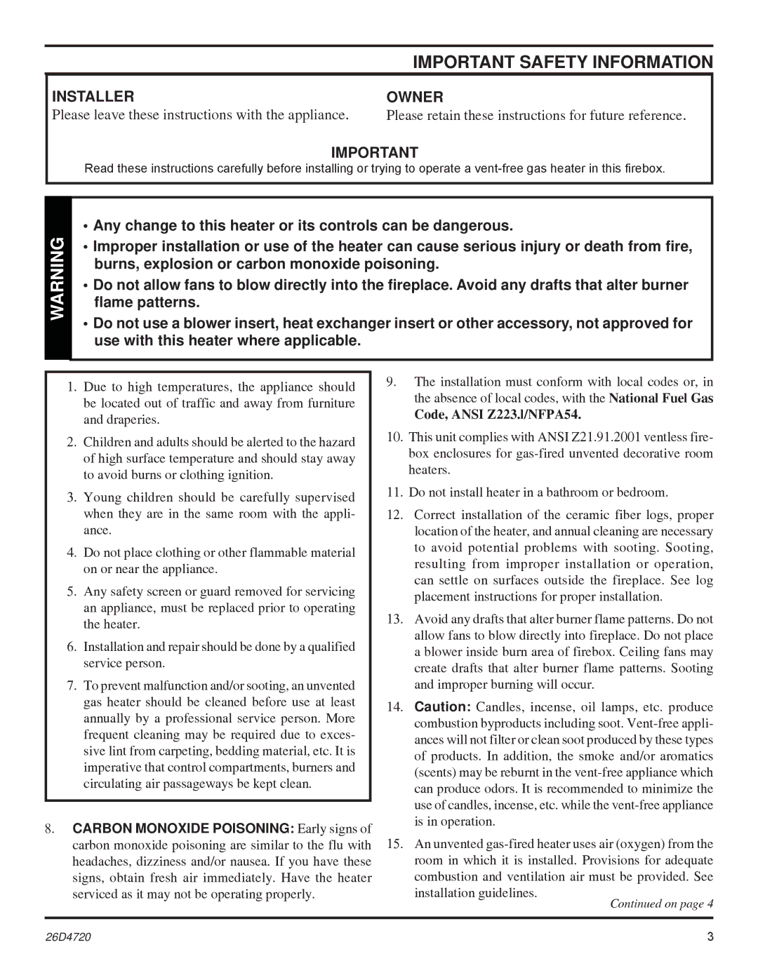 Monessen Hearth MCUF42D SERIES dimensions Important Safety Information, Installer, Owner 