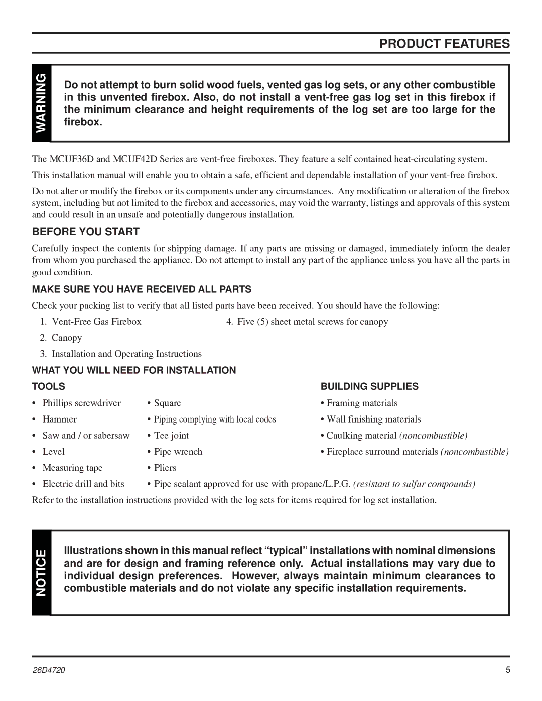 Monessen Hearth MCUF42D SERIES dimensions Product Features, Before YOU Start 